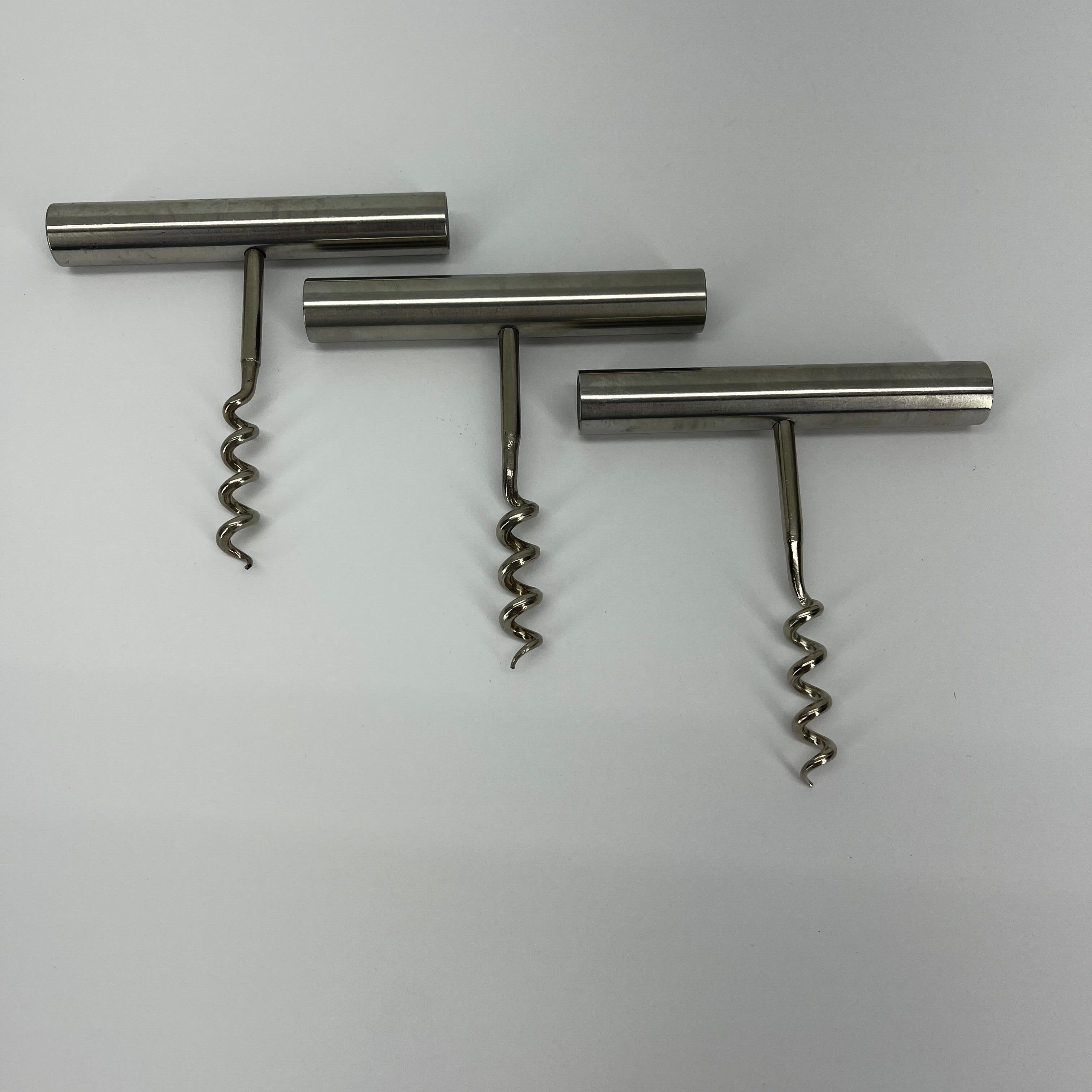 Stelton Set of three Danish Mid-Century Modern stainless steel corkscrews.
Classic modern Danish corkscrews which are simple in design and easy to use. Stainless steel in very good condition. Lean and clean design will grace your bar with elegance