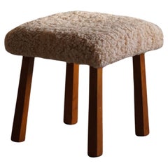 Danish Mid Century Modern Stool in Solid Wood, Seat in Lambswool, 1950s