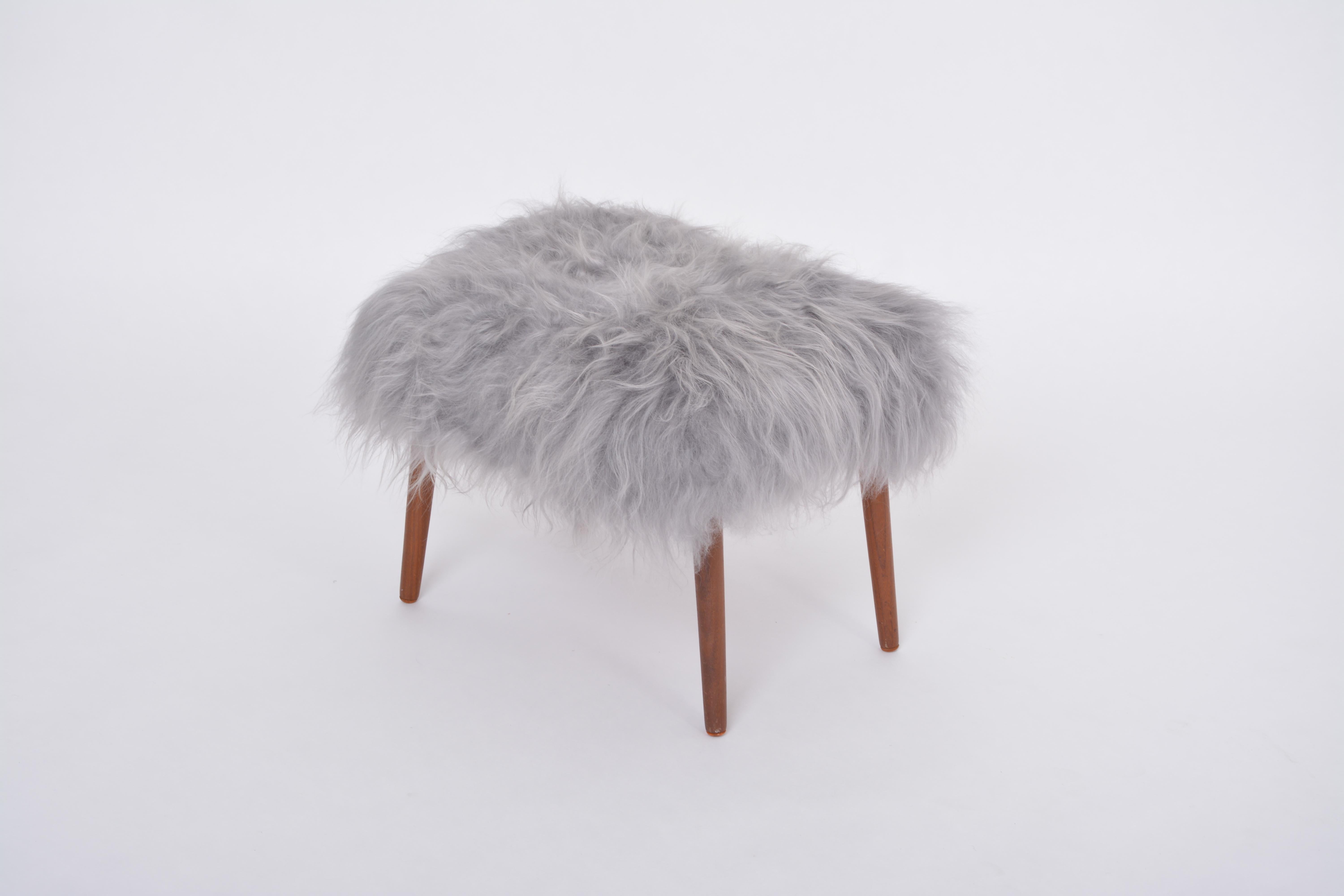 Sheepskin Danish Mid-century Modern stool reupholstered in grey sheep skin For Sale