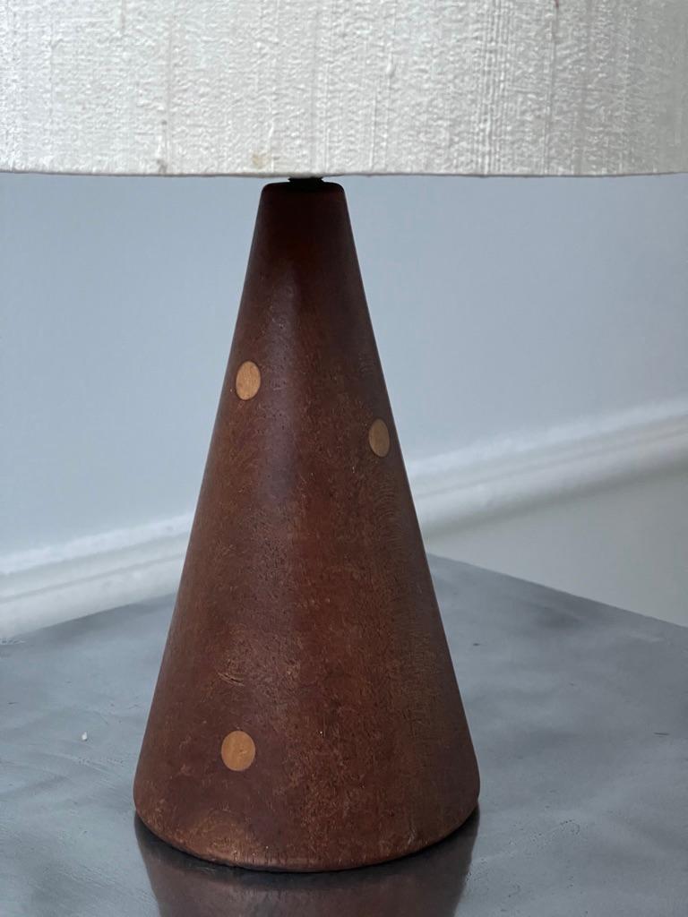 Hand-Carved Danish Mid-Century Modern Table Lamp in Teak and Elm Tree with a Shade of Silk For Sale