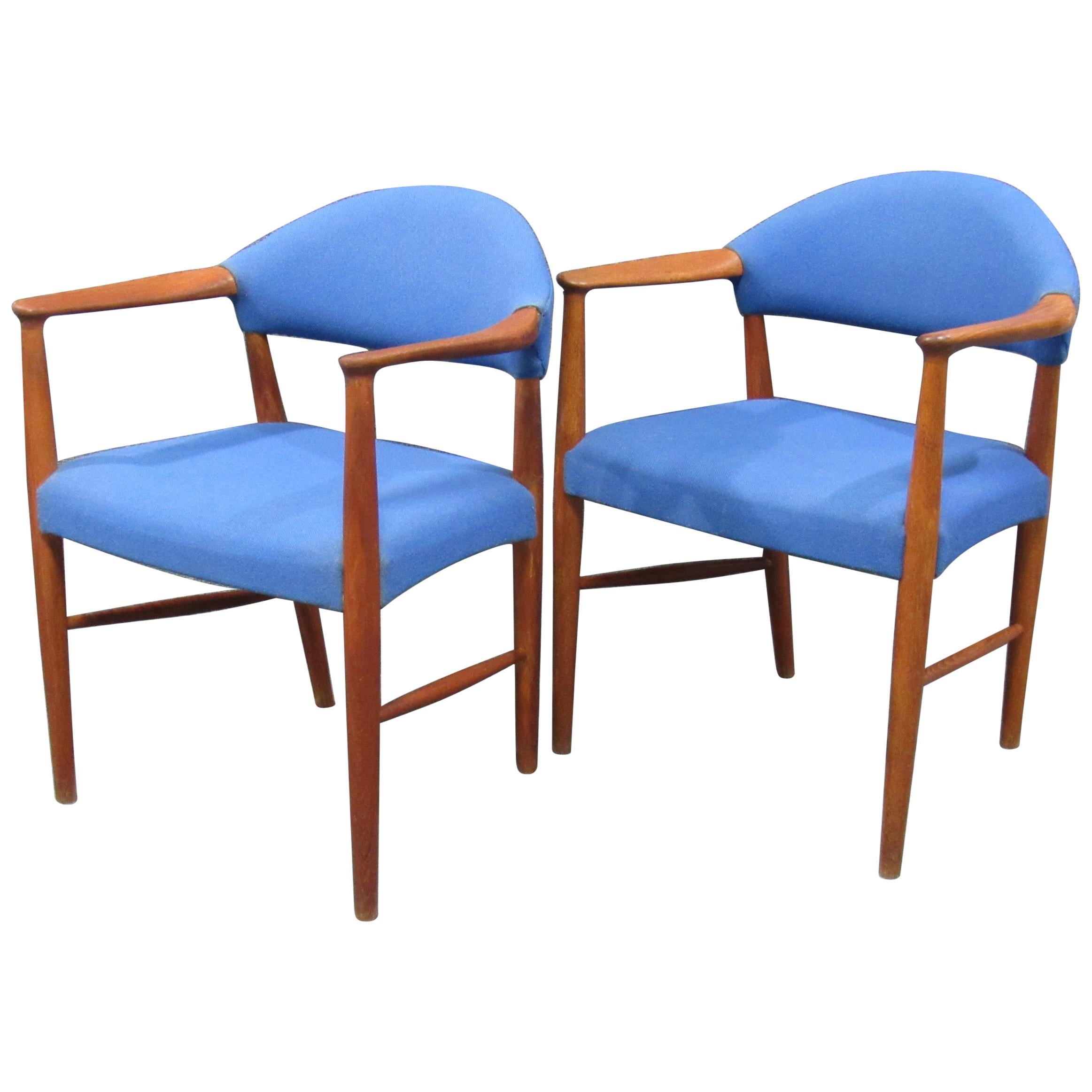 Danish Mid-Century Modern Teak and Blue Wool Armchairs Attributed to Hans Wegner For Sale