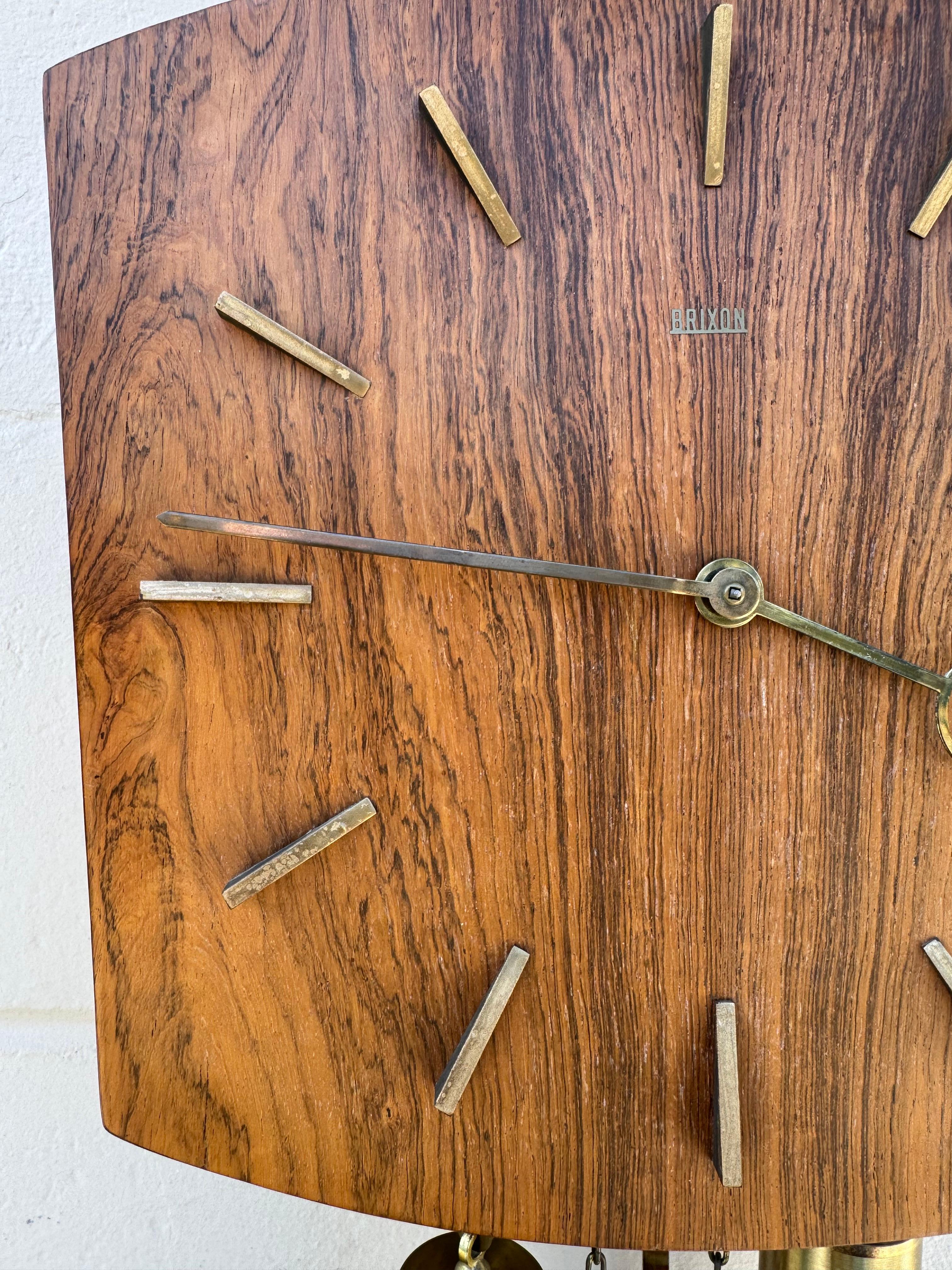 Danish Mid Century Modern Teak And Brass Pendulum Wall Clock By Brixon In Good Condition For Sale In San Carlos, CA