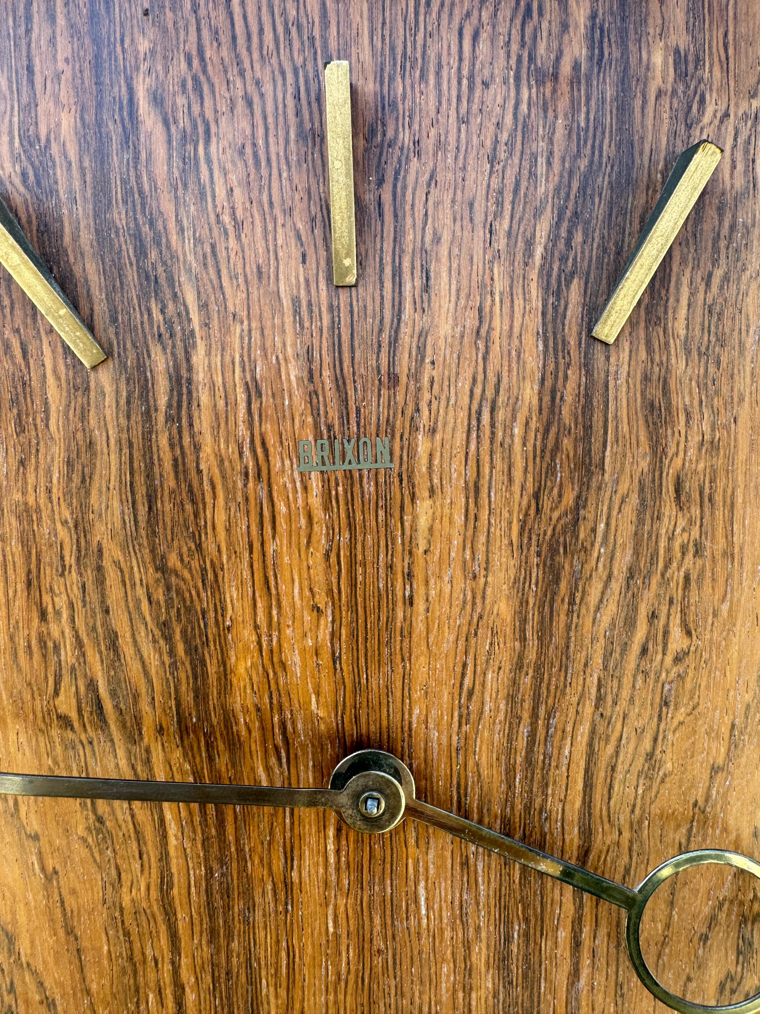 Danish Mid Century Modern Teak And Brass Pendulum Wall Clock By Brixon In Good Condition For Sale In San Carlos, CA