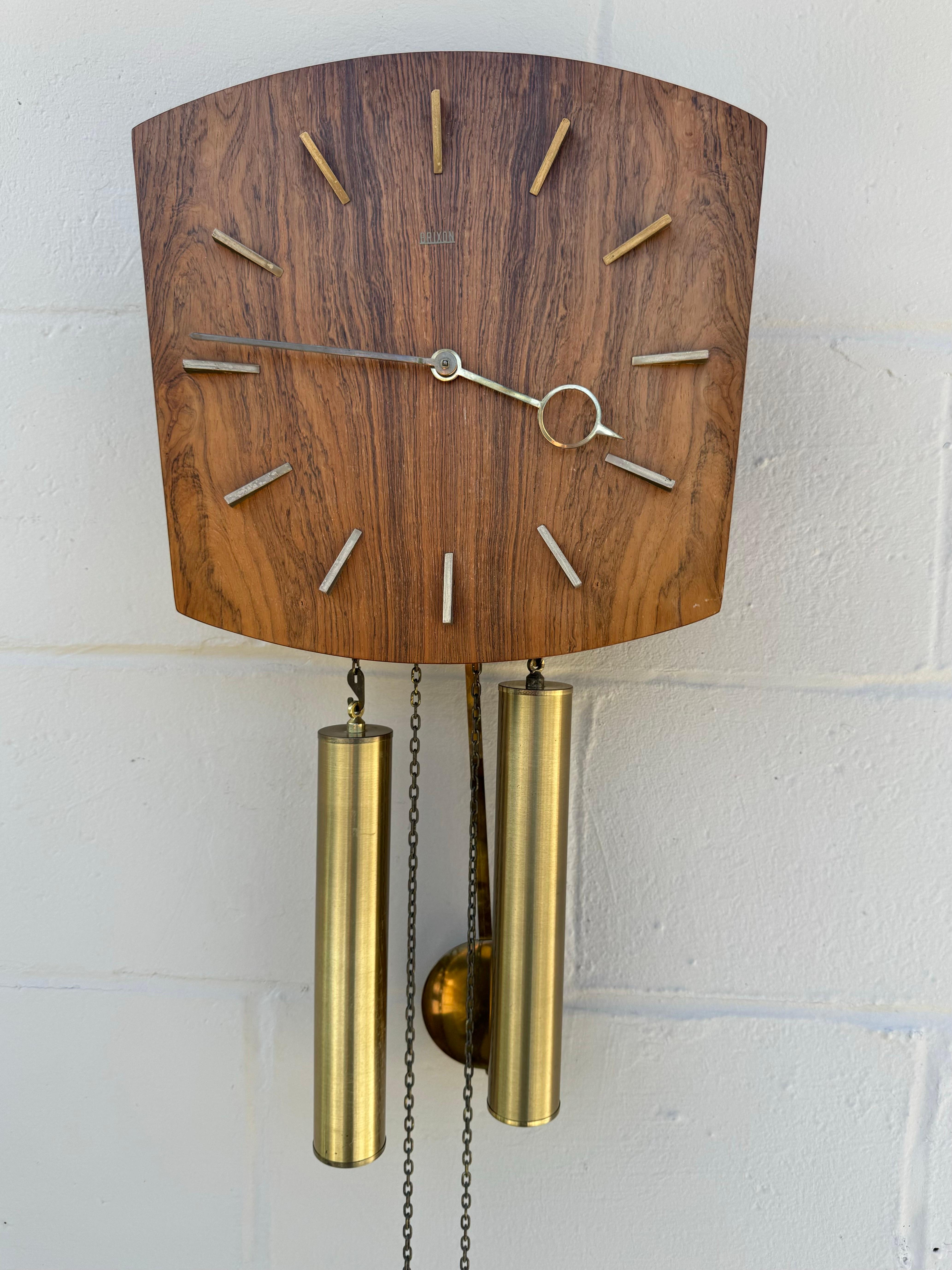 Danish Mid Century Modern Teak And Brass Pendulum Wall Clock By Brixon For Sale 2