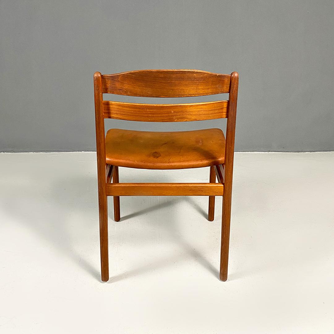 Leather Danish mid century modern teak and cognac leather pair of chairs, 1960s For Sale