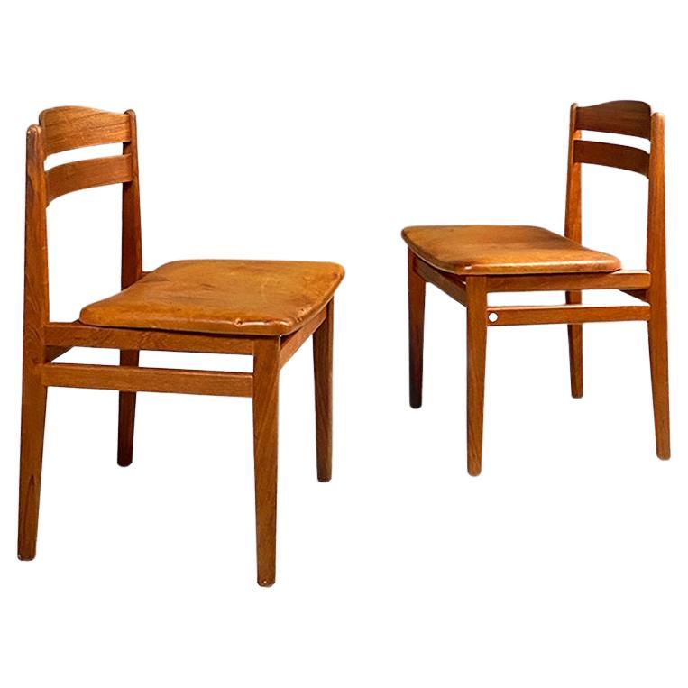 Danish mid century modern teak and cognac leather pair of chairs, 1960s For Sale