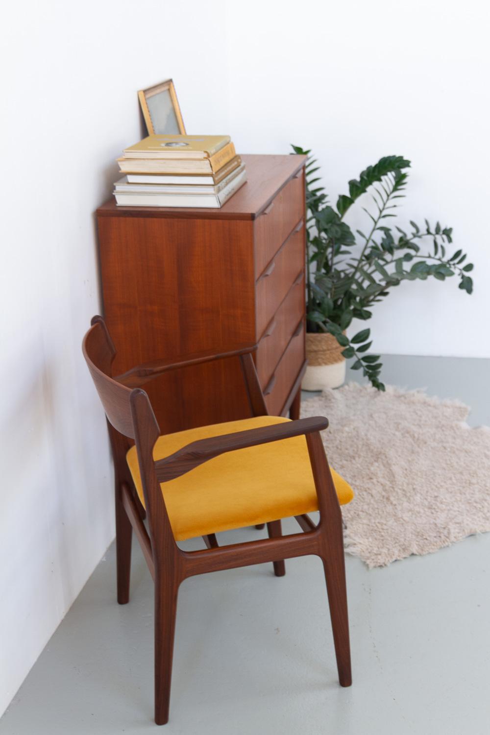Velvet Danish Mid-Century Modern Teak Armchair, 1960s. For Sale