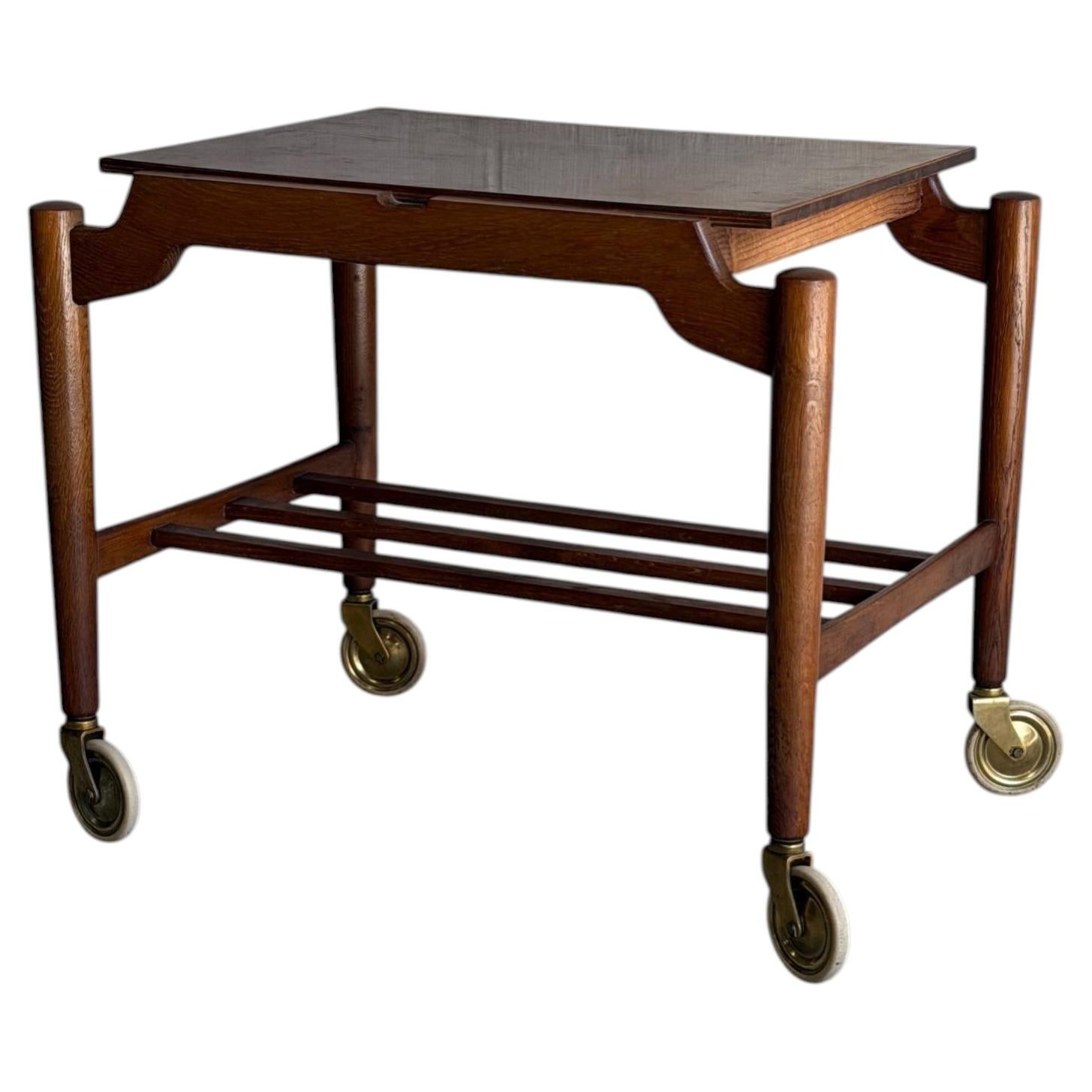 Danish Mid Century Modern Teak Bar Cart Serving Trolley Rolling Table on Casters