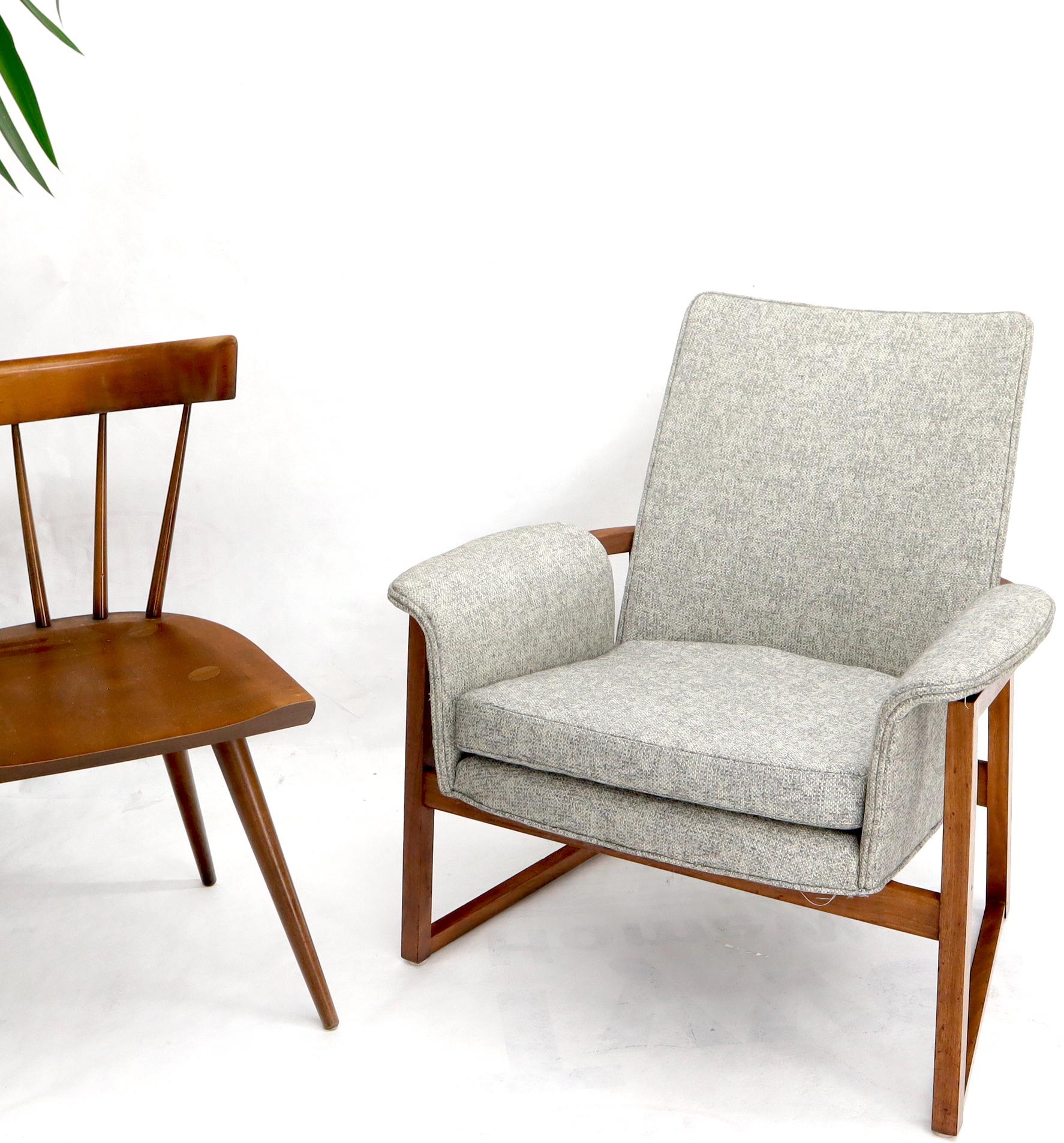 Danish Mid-Century Modern teak barrel shape lounge chair newly upholstered in basket weave silver tone fabric. Similar or shared design lines of wraparound teak frame of by Kofod-Larsen Elizabeth chair.