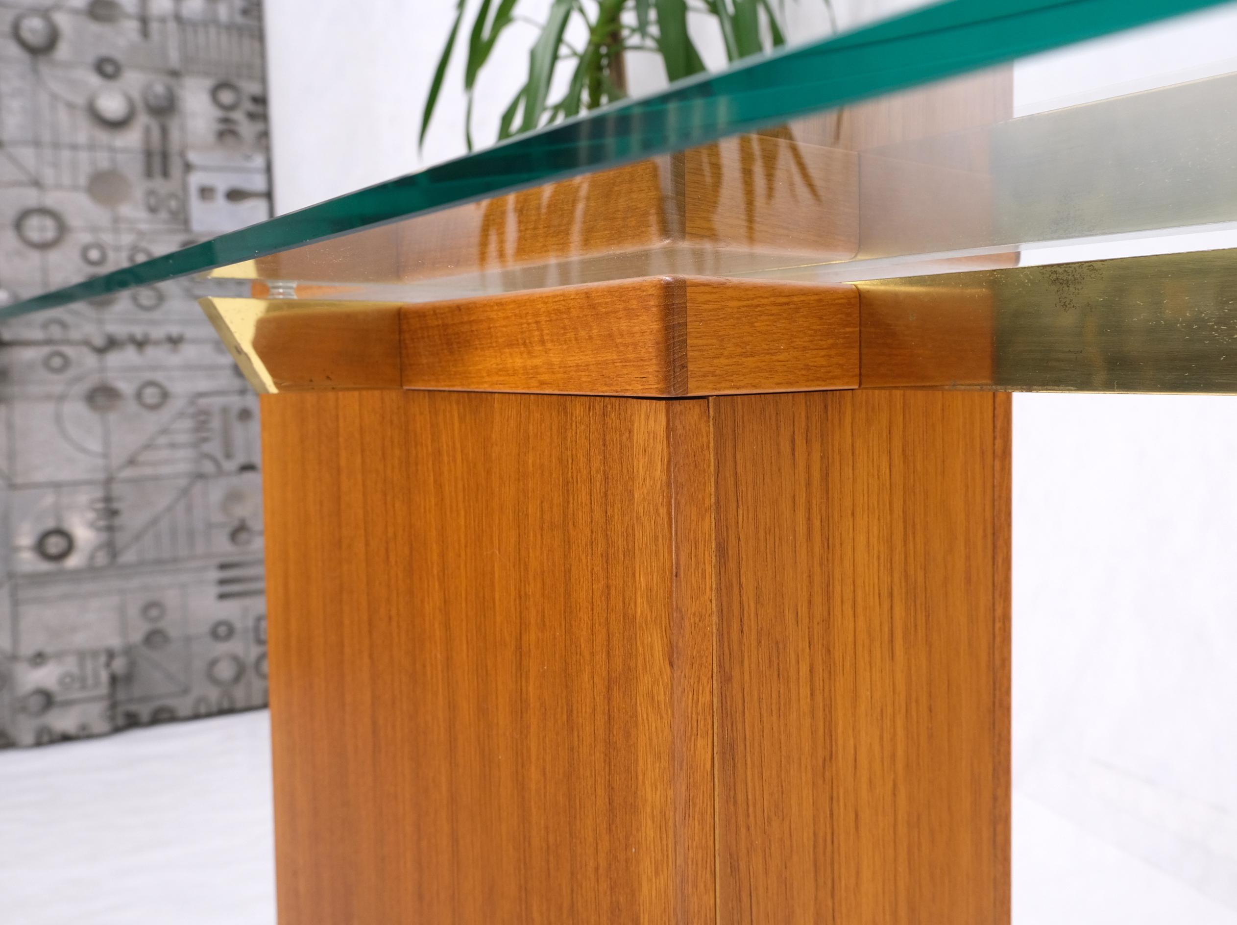 Danish Mid-Century Modern Teak Brass Glass Top Pedestal Base Console Sofa Table For Sale 7