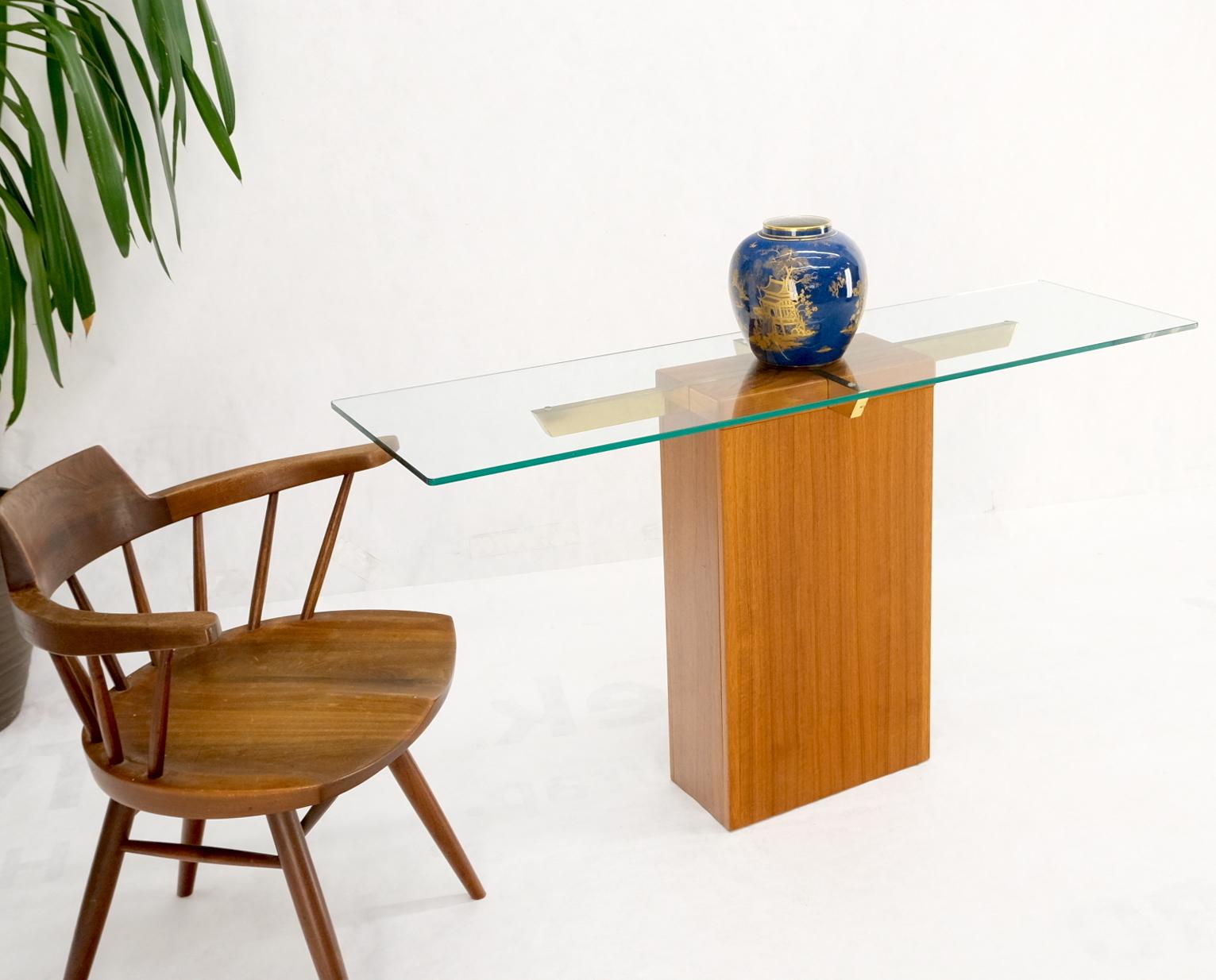 Danish Mid-Century Modern teak brass glass top pedestal base console sofa table.