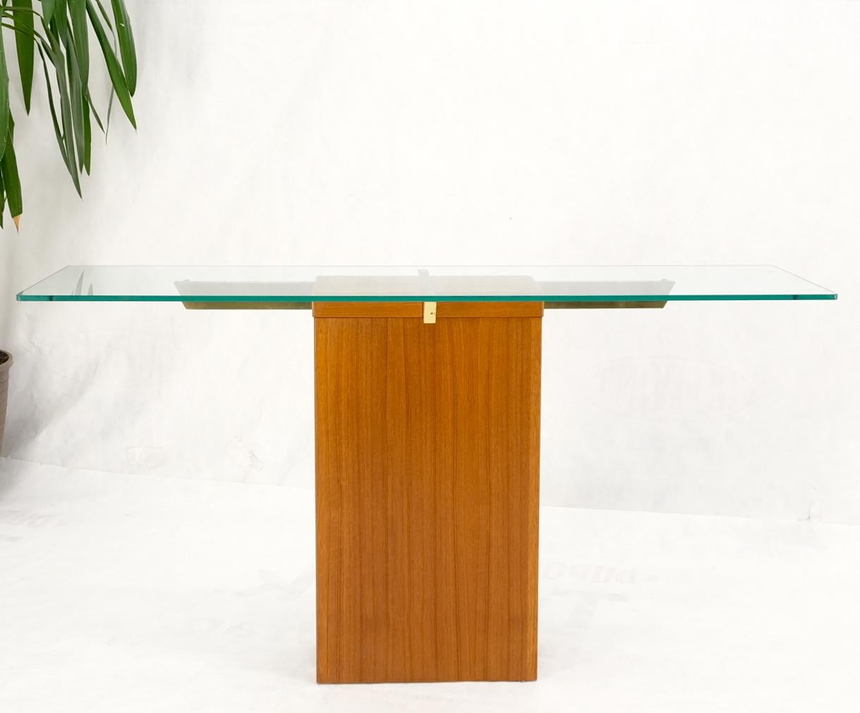 20th Century Danish Mid-Century Modern Teak Brass Glass Top Pedestal Base Console Sofa Table For Sale
