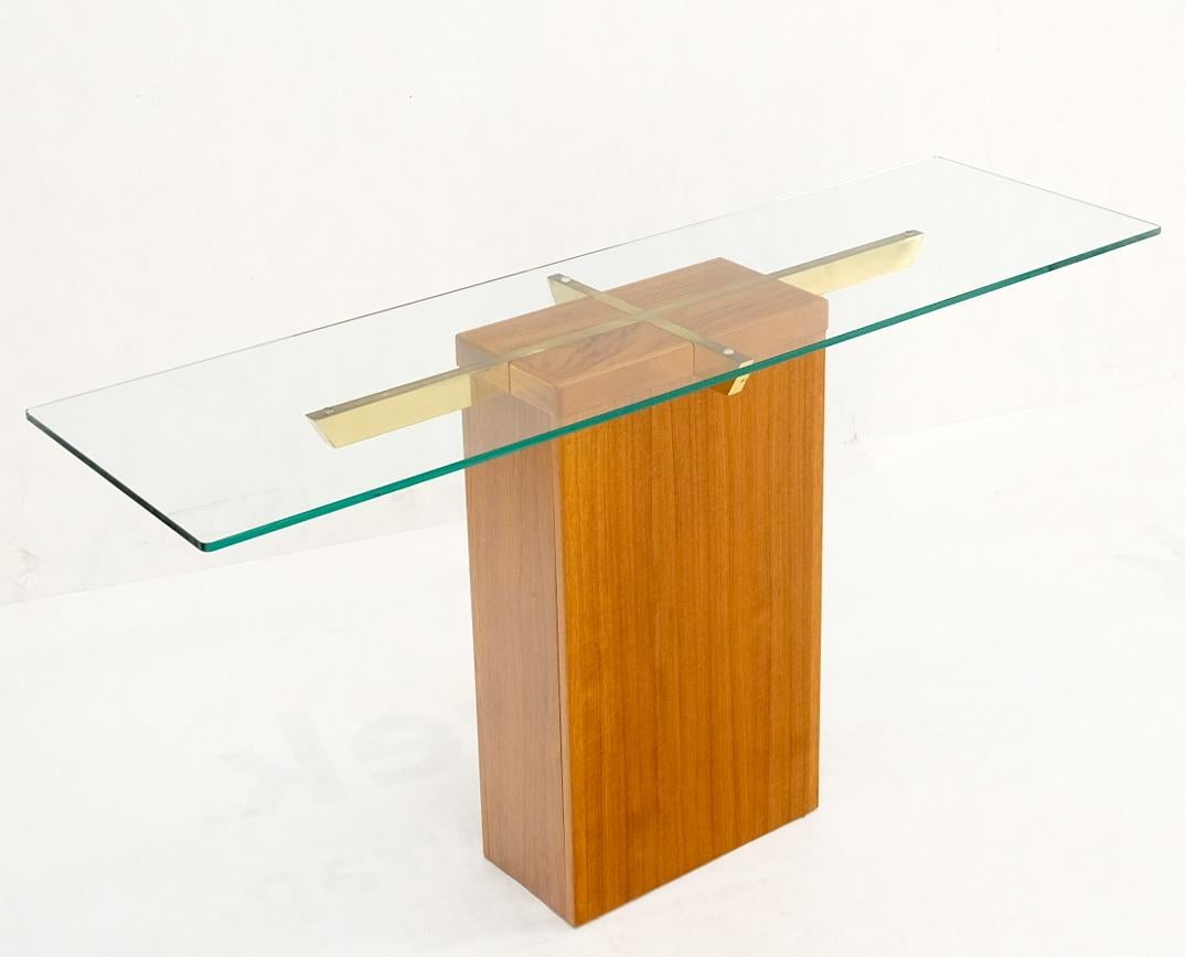Danish Mid-Century Modern Teak Brass Glass Top Pedestal Base Console Sofa Table For Sale 1