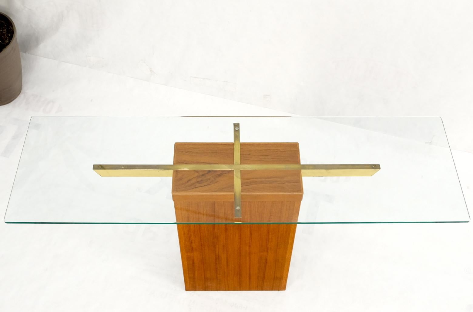 Danish Mid-Century Modern Teak Brass Glass Top Pedestal Base Console Sofa Table For Sale 2