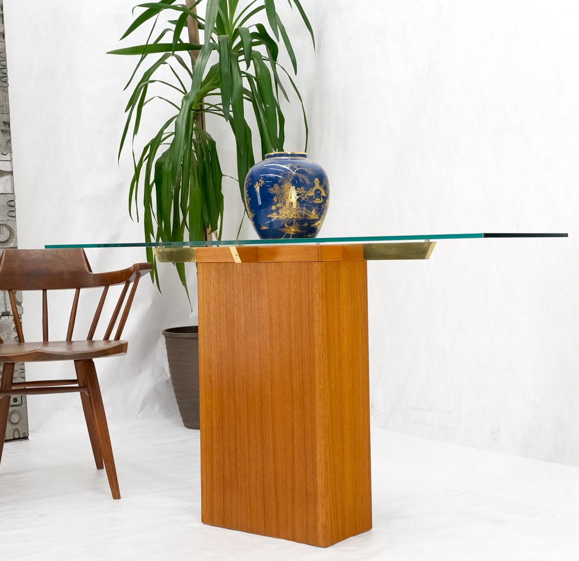 Danish Mid-Century Modern Teak Brass Glass Top Pedestal Base Console Sofa Table For Sale 3