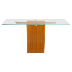 Danish Mid-Century Modern Teak Brass Glass Top Pedestal Base Console Sofa Table