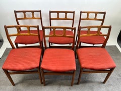Danish Mid-Century Modern Teak Dining Chairs w Rust Red Dotted Upholstery, Set 6