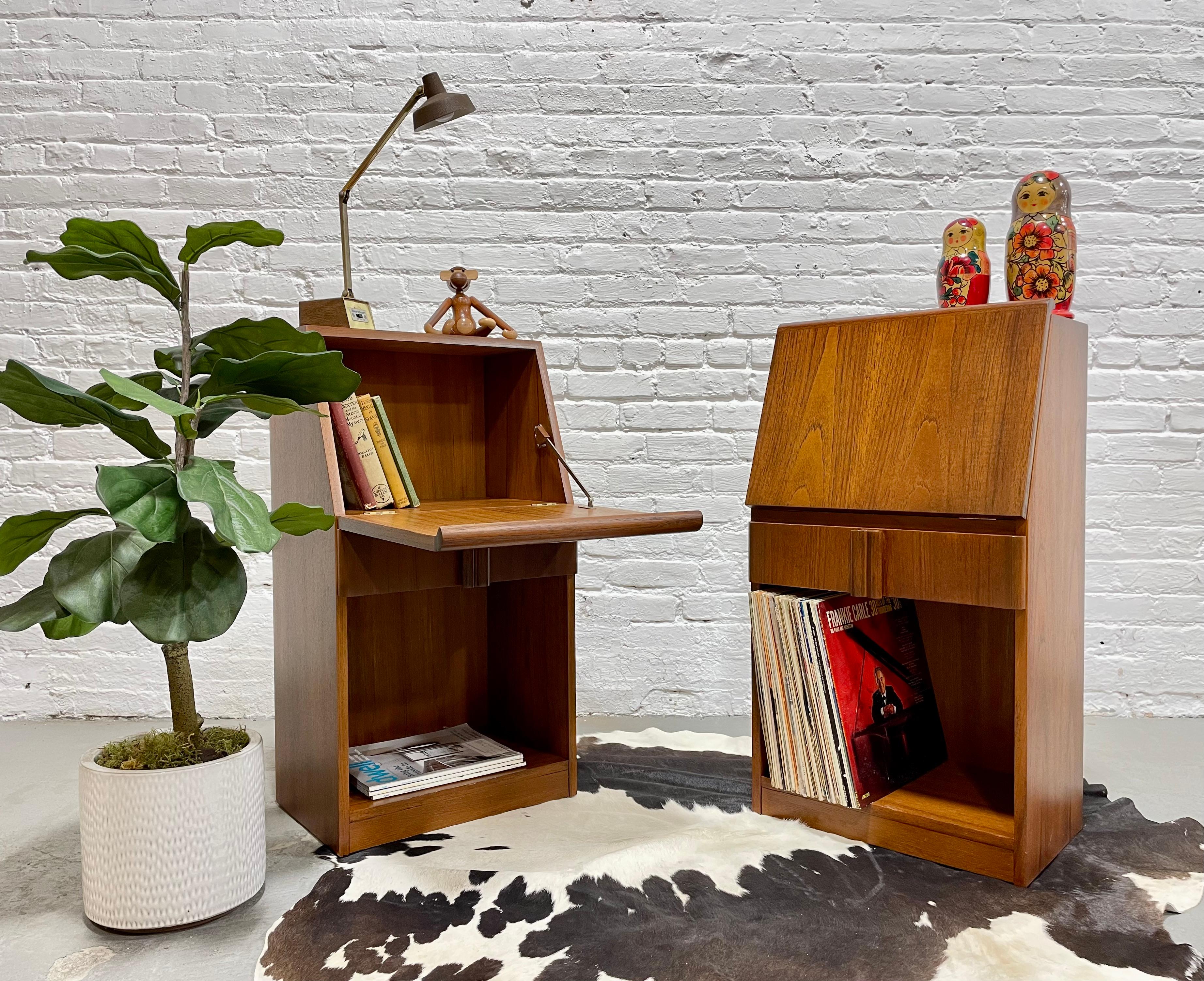 Mid Century Modern Teak Drop Down Nightstands by Nordisk Andels-Eksport, a Pair. Beautifully designed nightstands featuring a drop down door that reveals interior storage, perfect for your secret bedtime essentials. There is also a single drawer