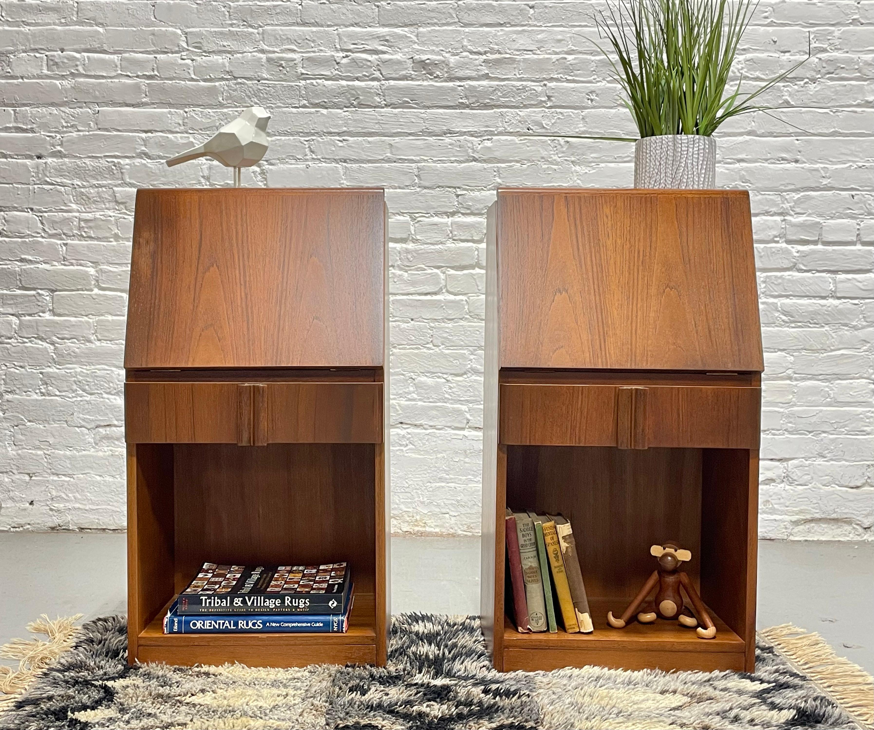 Mid Century Modern Teak Drop Down Nightstands by Nordisk Andels-Eksport, a Pair. Beautifully designed nightstands featuring a drop down shelf for morning coffee and interior storage space, perfect for your secret bedtime essentials. There is also a