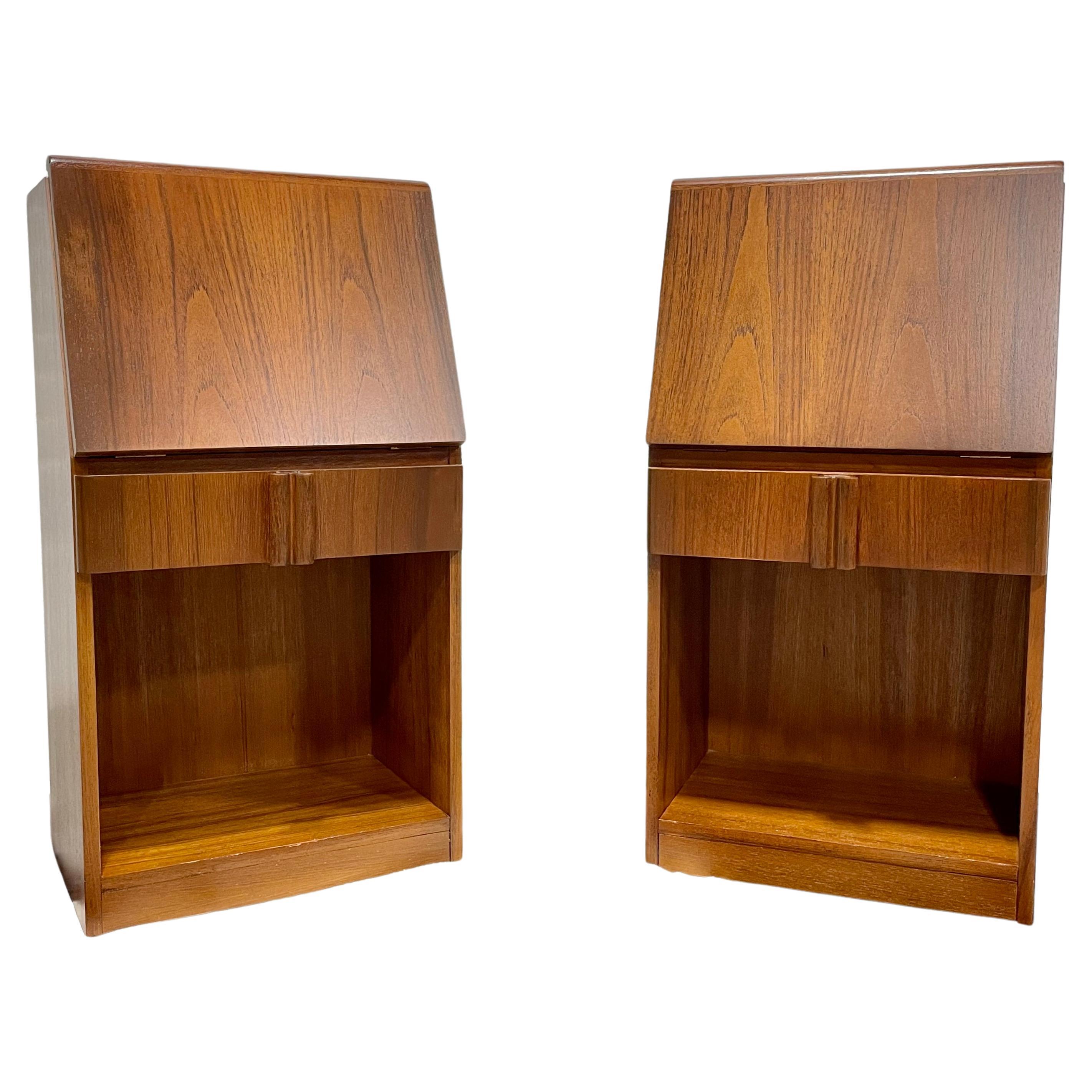 DANISH Mid Century MODERN Teak Drop Down NIGHTSTANDS by Nordisk Andels-Eksport For Sale