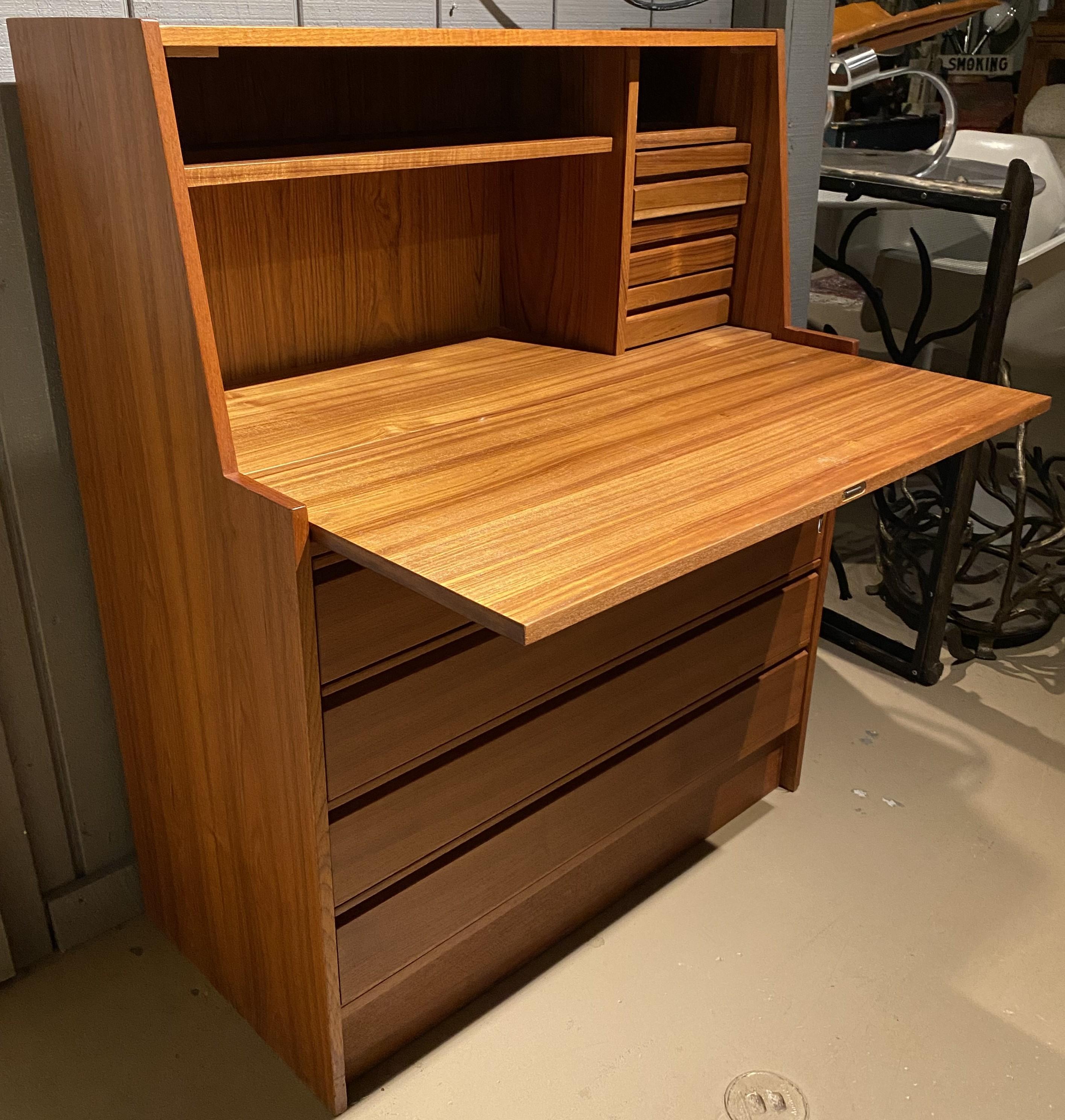 Danish Mid Century Modern Teak Fall Front Desk In Good Condition For Sale In Milford, NH