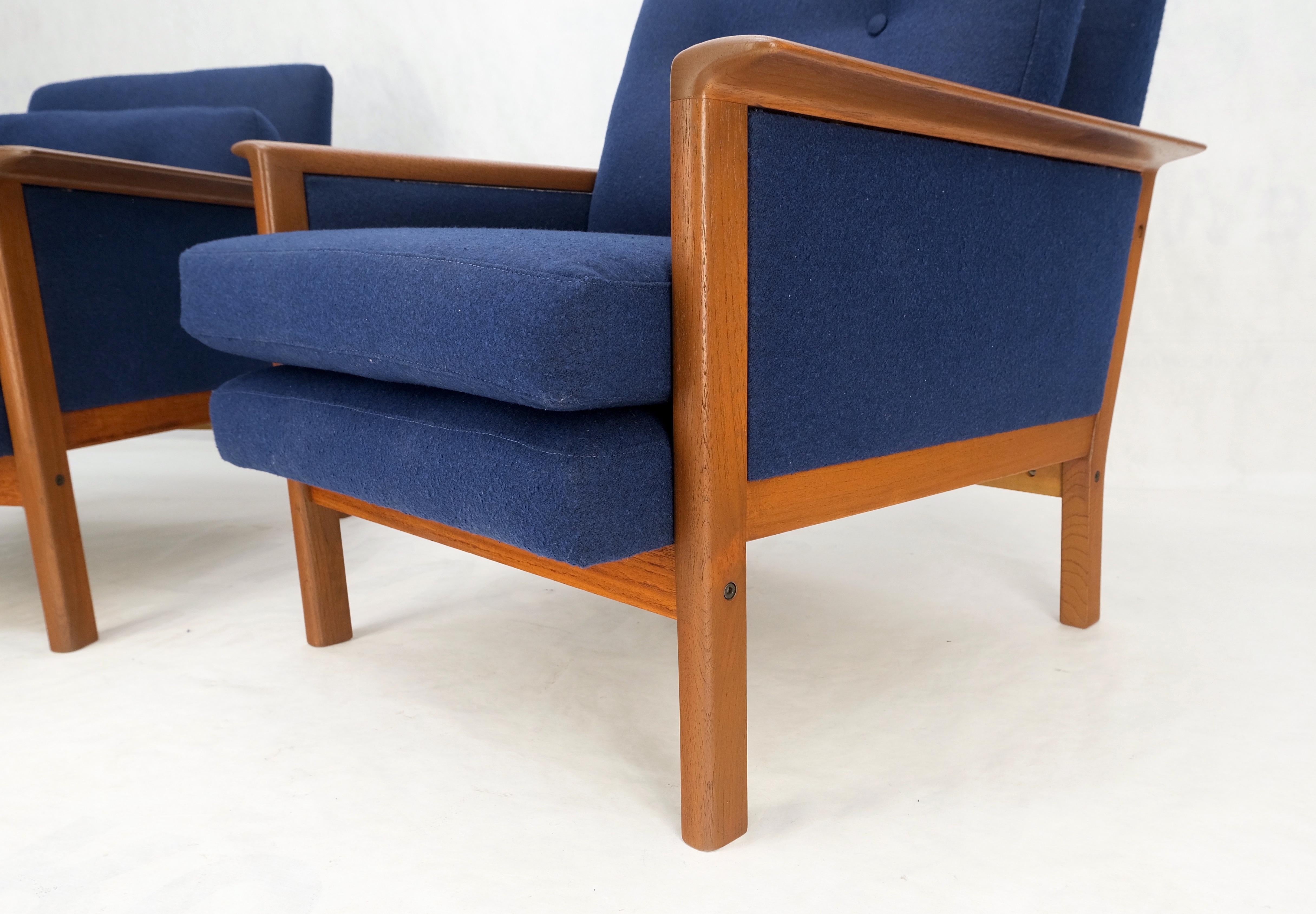 Pair of His & Hers Danish Mid-Century Modern Teak Frames New Wool Upholstery Lounge Chairs Refinished, MINT!

Higher chair: 30×28x37, seat height: 16''
Smaller chair: 28x28x27.5, seat height: 16''.