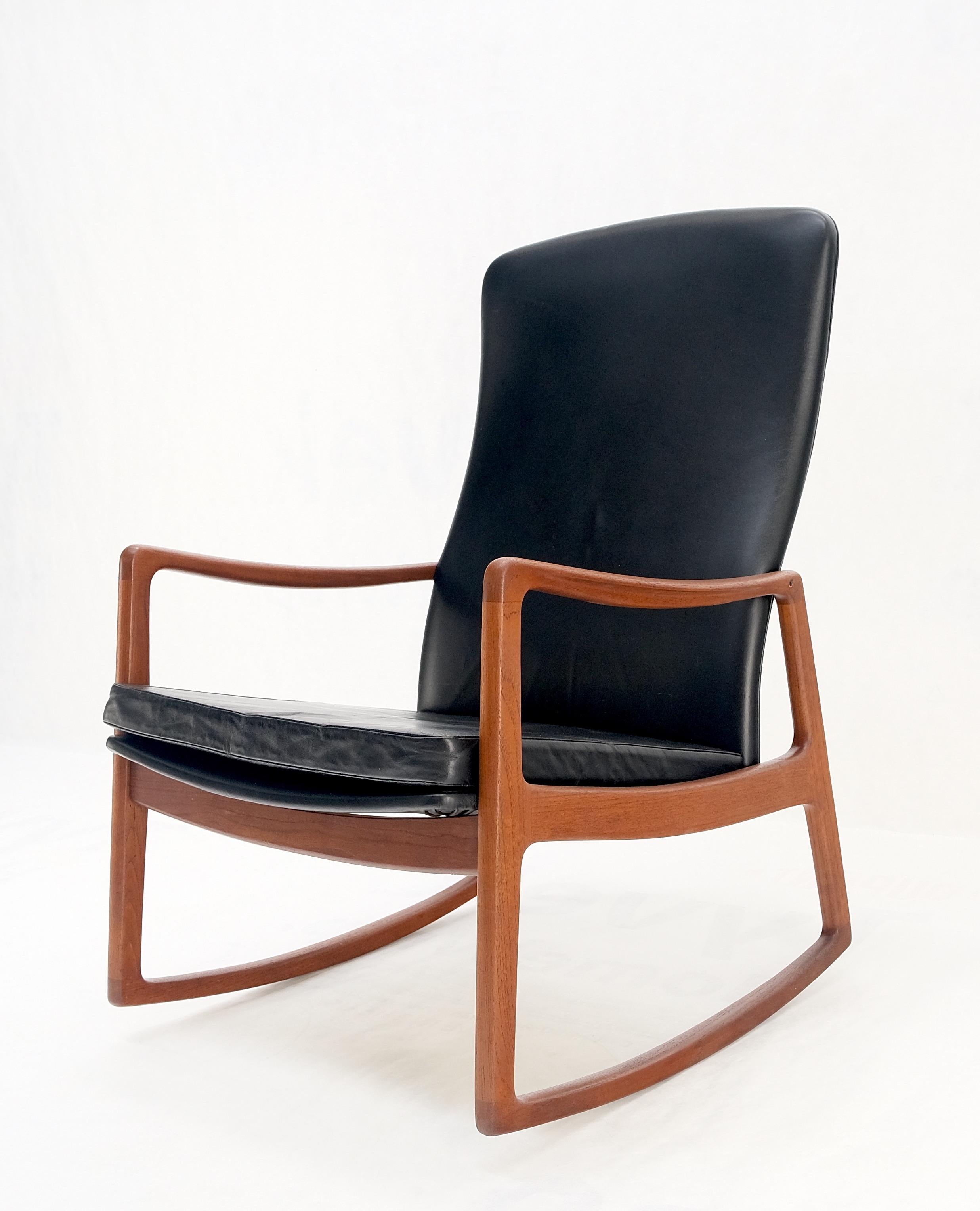Danish Mid-Century Modern teak leather Upholstery Lounge rocking chair MINT!.