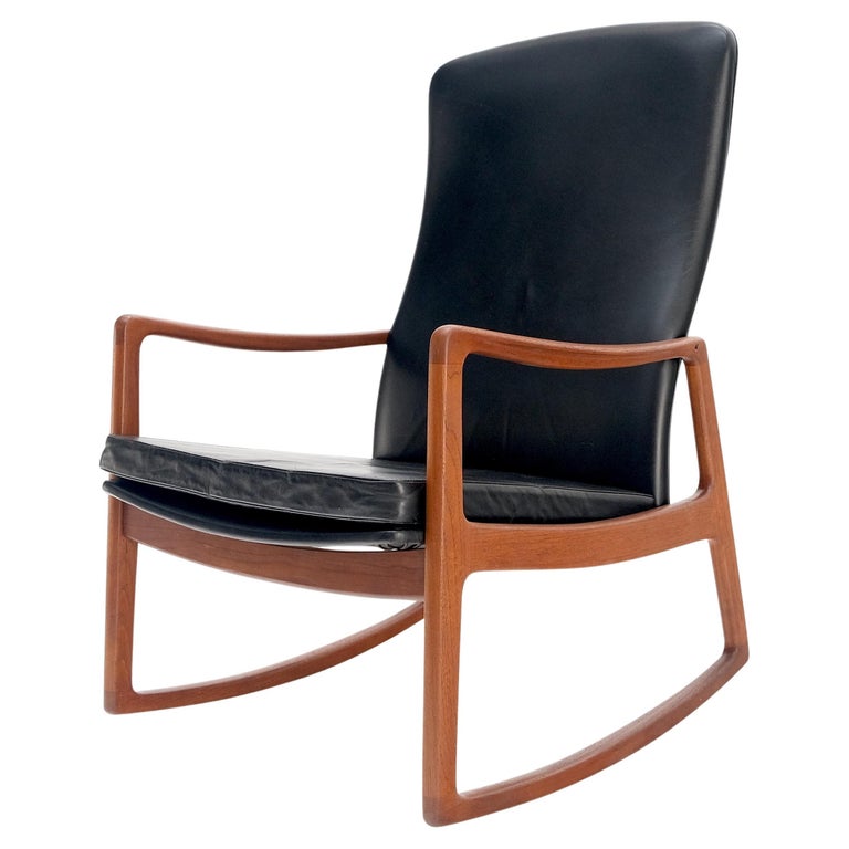 Danish Mid-Century Modern Teak Leather Upholstery Lounge Rocking Chair MINT! For Sale