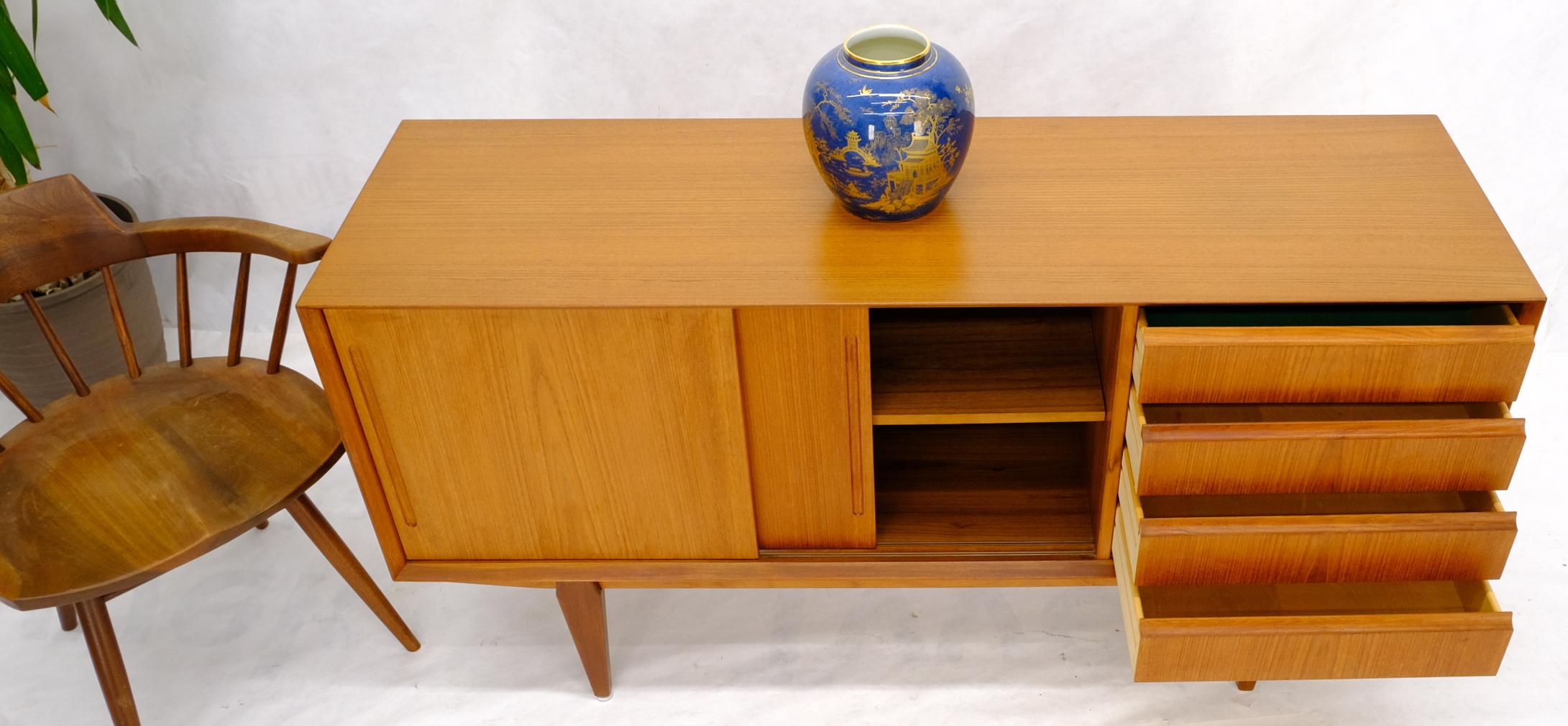 Danish Mid-Century Modern Teak Low 4 Drawers Sliding Doors Compartment Credenza For Sale 3