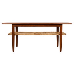 Danish Mid-Century Modern Teak & Rattan Coffee Table with Shelf