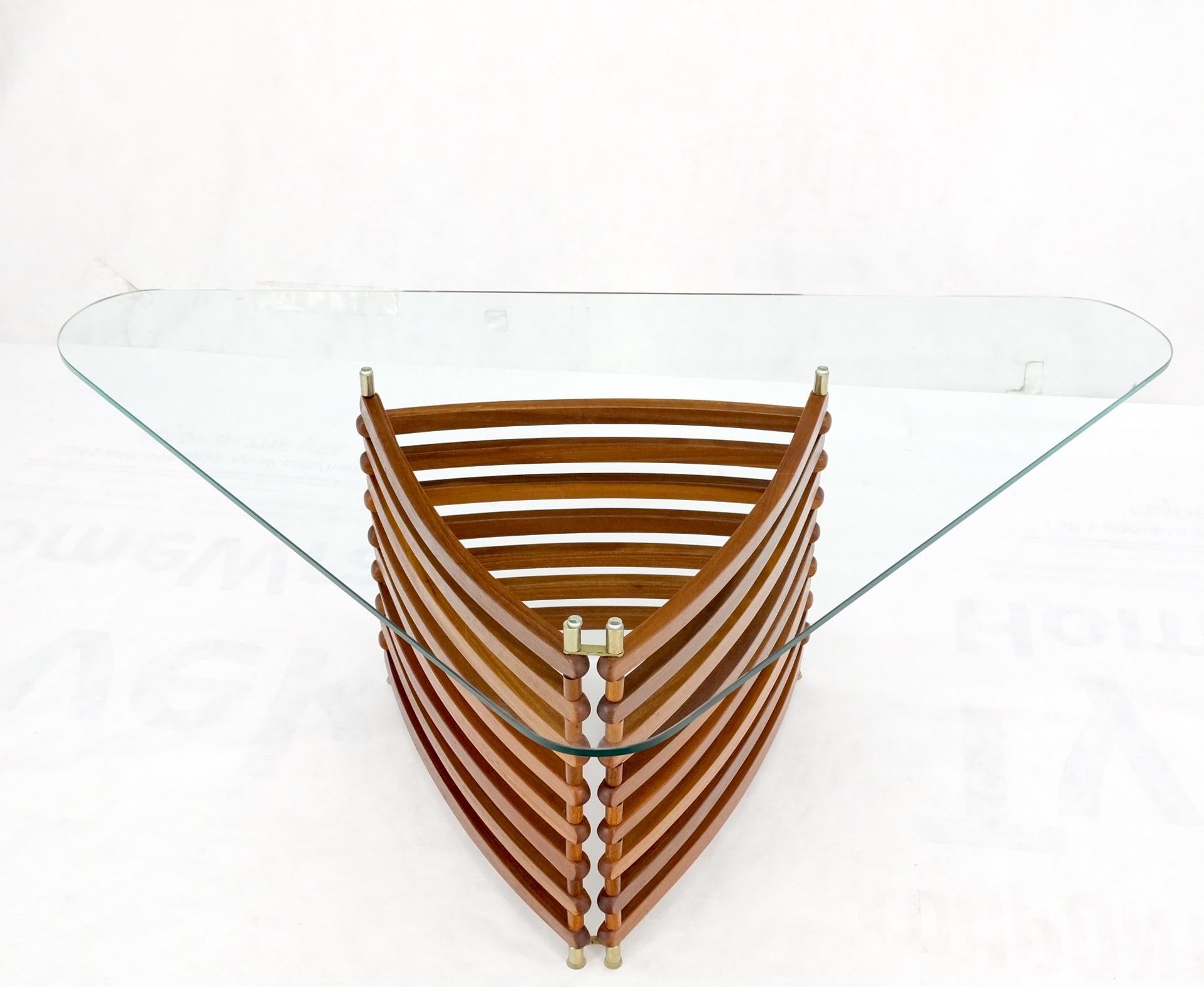 Danish Mid-Century Modern Teak Slats Triangular Base Glass Top Coffee Table Mint For Sale 4