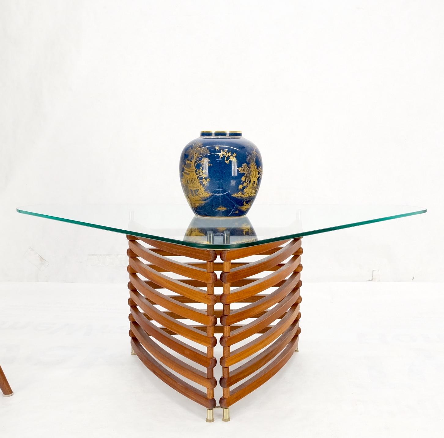 Danish Mid-Century Modern Teak Slats Triangular Base Glass Top Coffee Table Mint For Sale 7