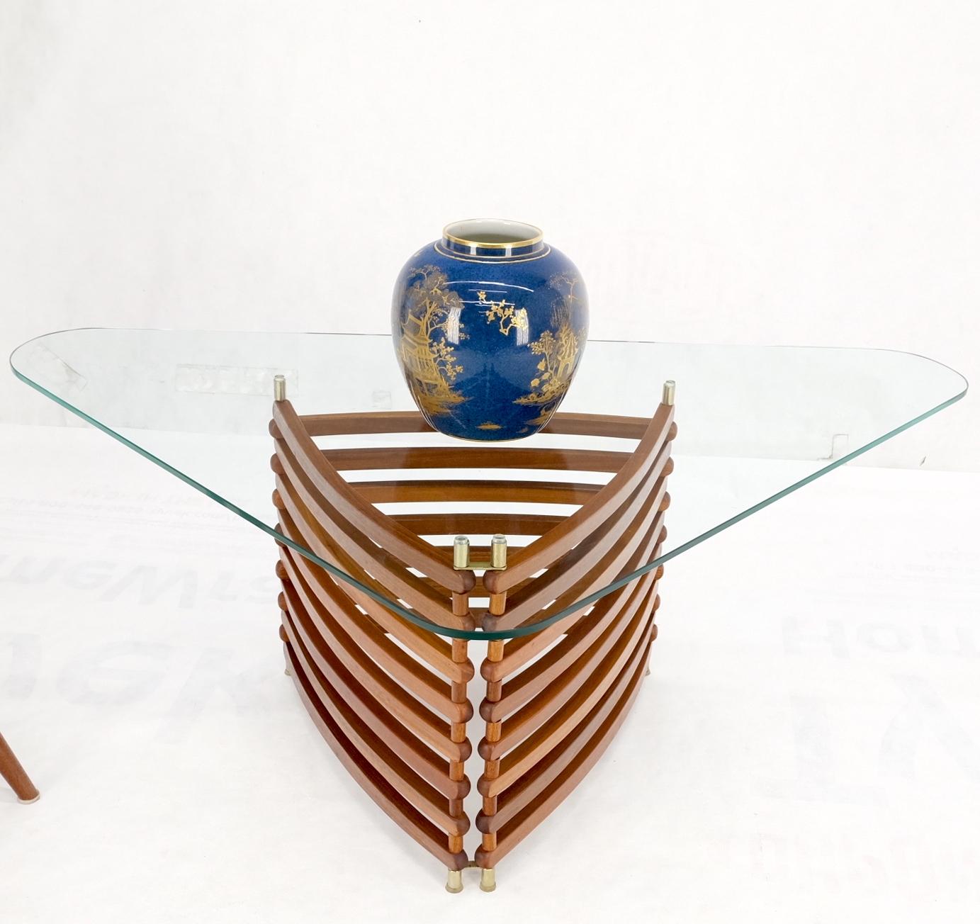 Danish Mid-Century Modern Teak Slats Triangular Base Glass Top Coffee Table Mint For Sale 7