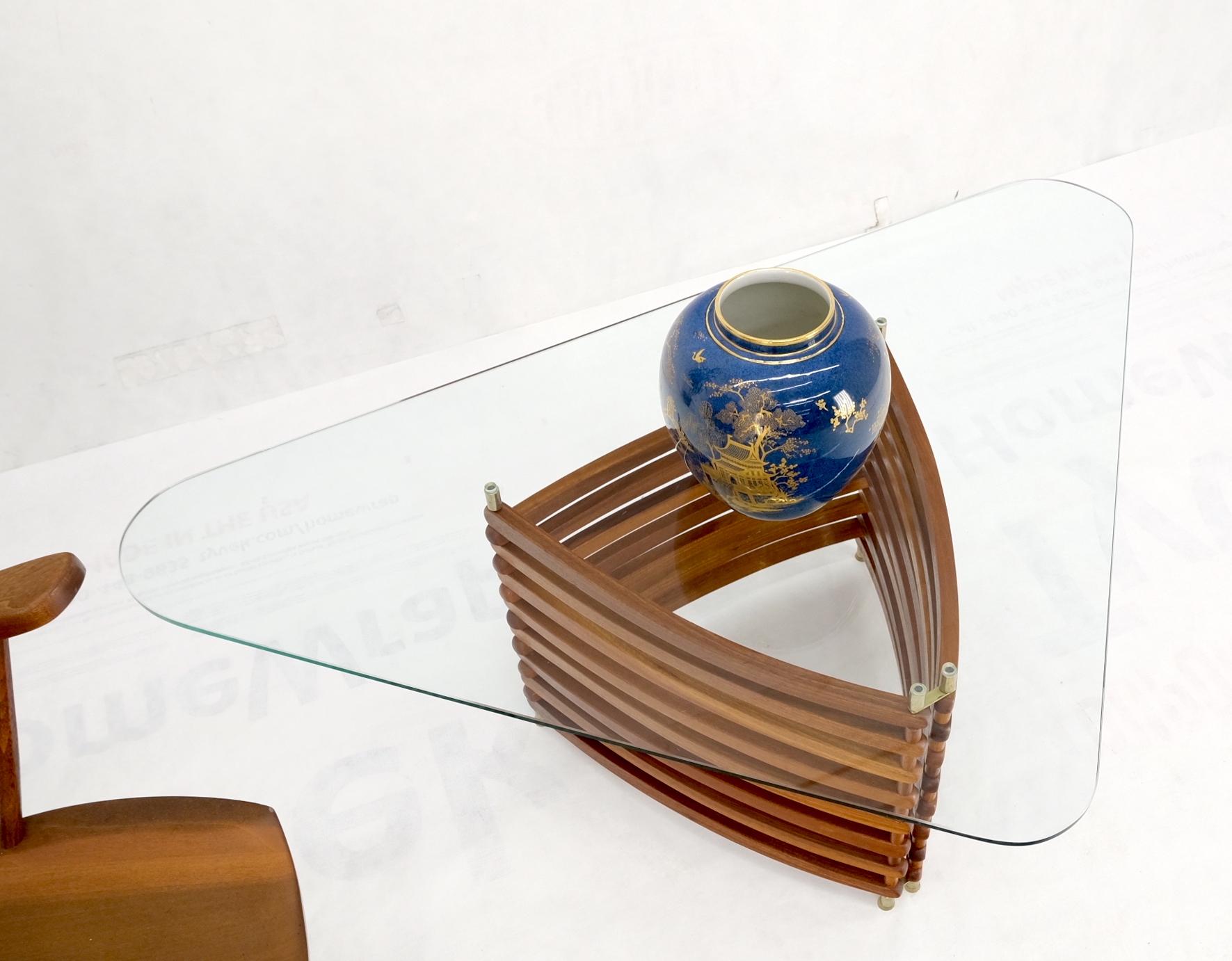 Danish Mid-Century Modern Teak Slats Triangular Base Glass Top Coffee Table Mint For Sale 8