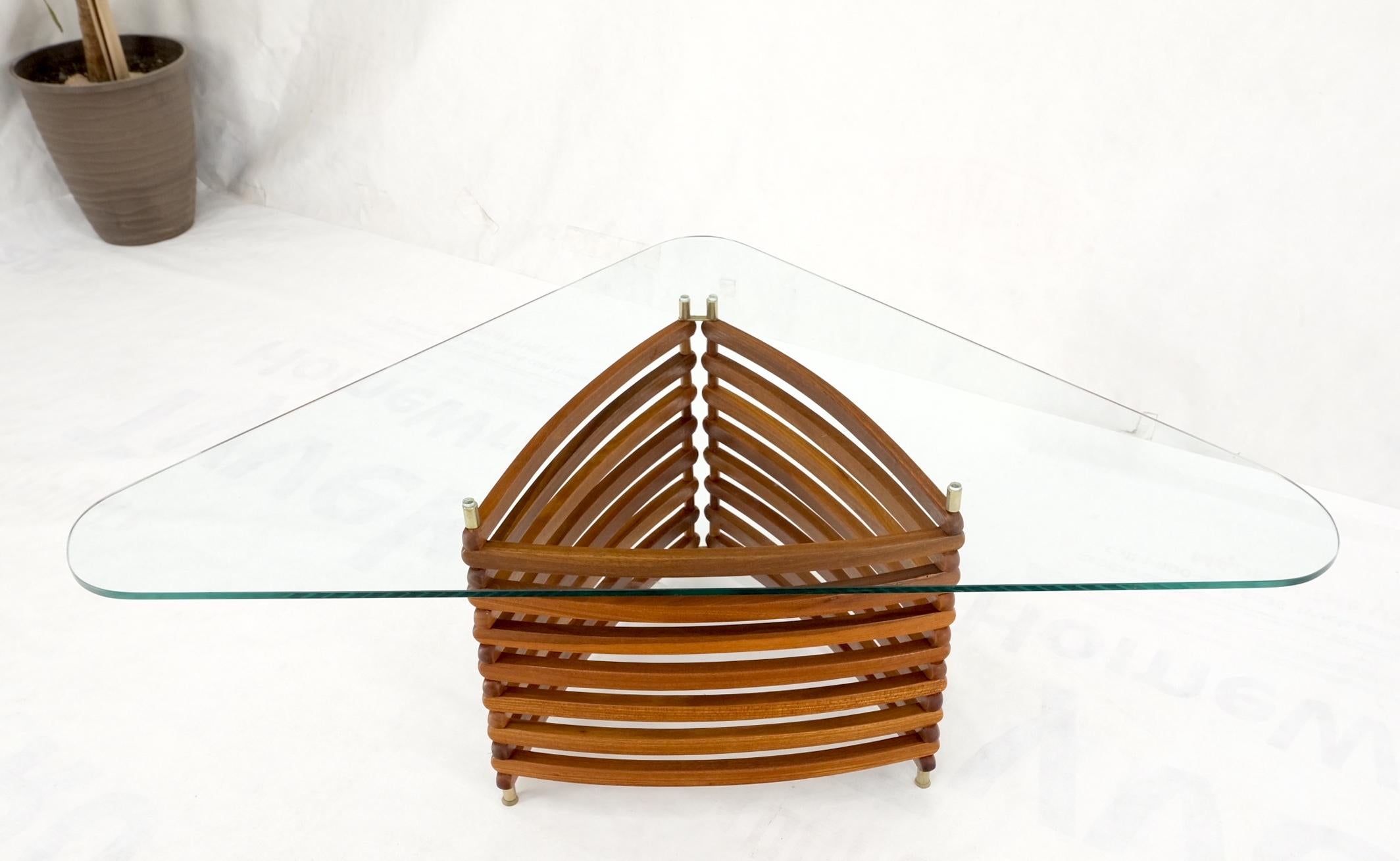 Danish Mid-Century Modern Teak Slats Triangular Base Glass Top Coffee Table Mint For Sale 9