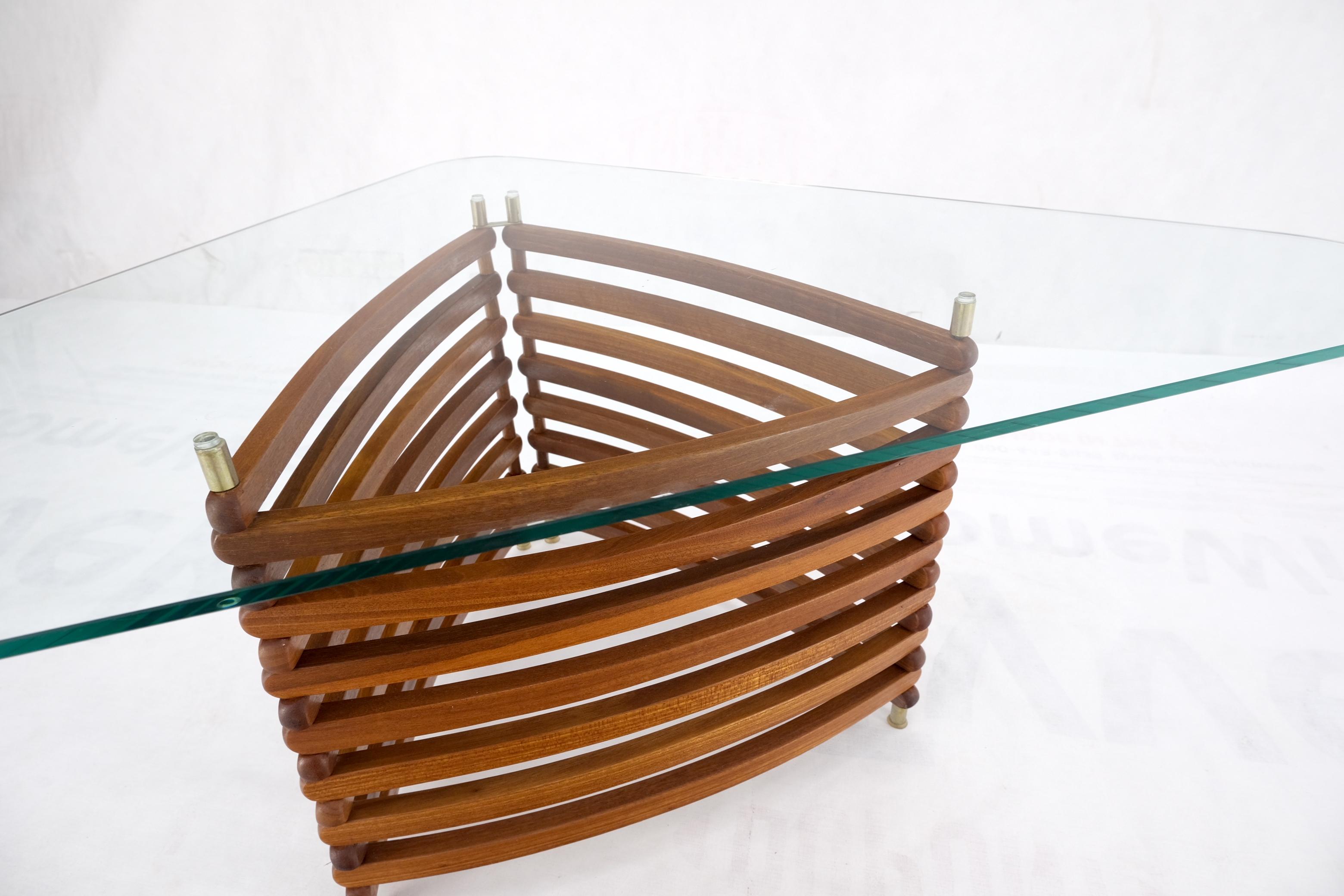 Danish Mid-Century Modern Teak Slats Triangular Base Glass Top Coffee Table Mint For Sale 11
