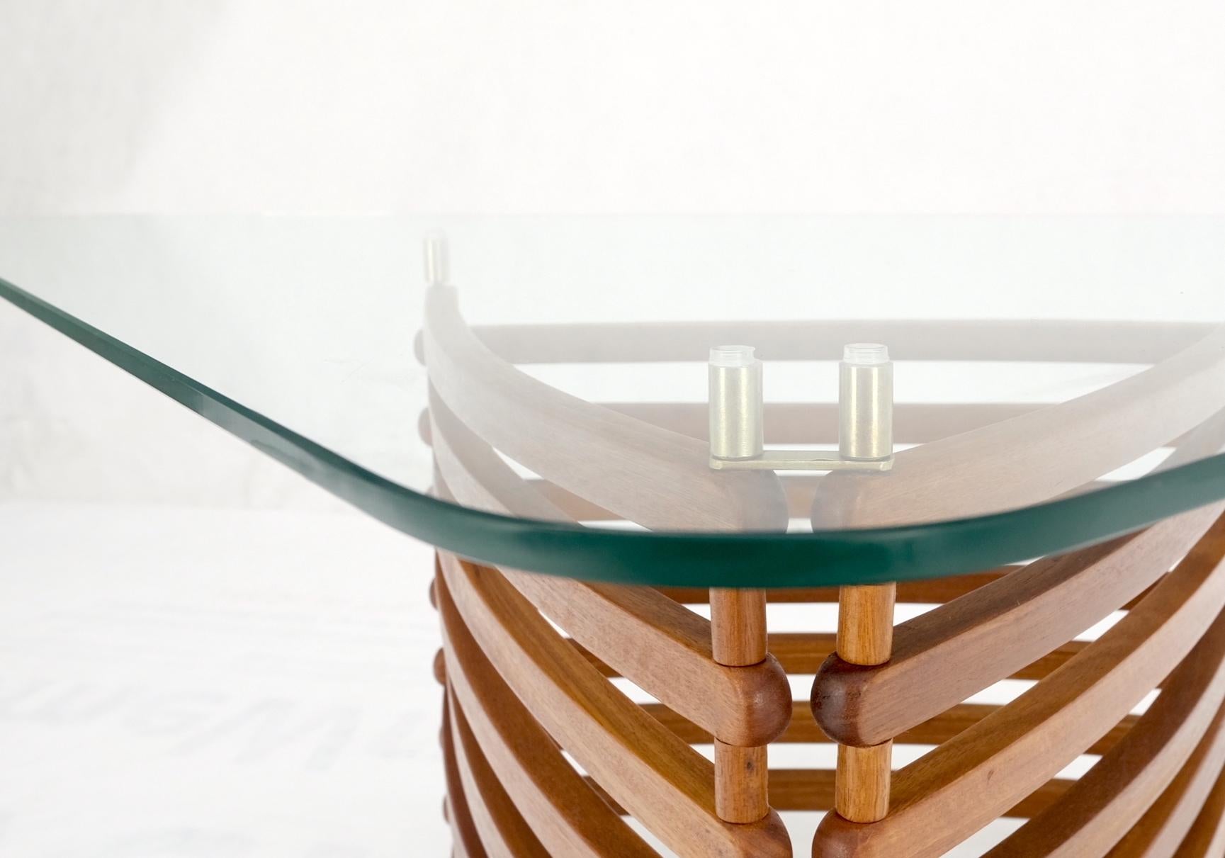 Danish Mid Century Modern teak slats triangular base glass top coffee table mint.