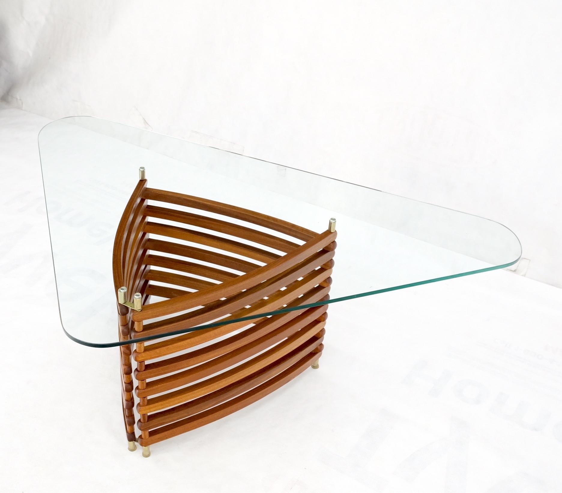 Danish Mid-Century Modern Teak Slats Triangular Base Glass Top Coffee Table Mint For Sale 2