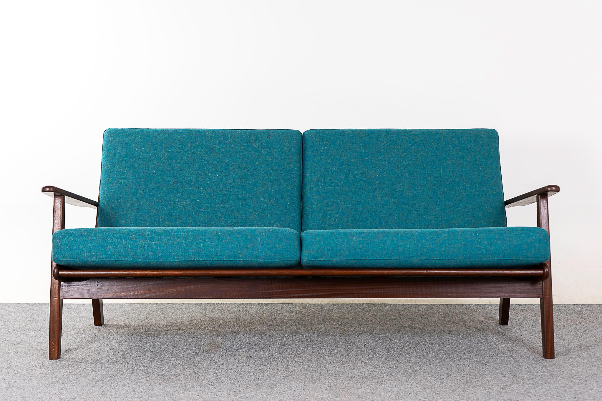 Teak mid-century sofa, circa 1960's. Beautiful, deep rich tone afromosia teak frame with angular lines. Terrific teal upholstery in a blend of 70% pure new wool and 30% flax!  