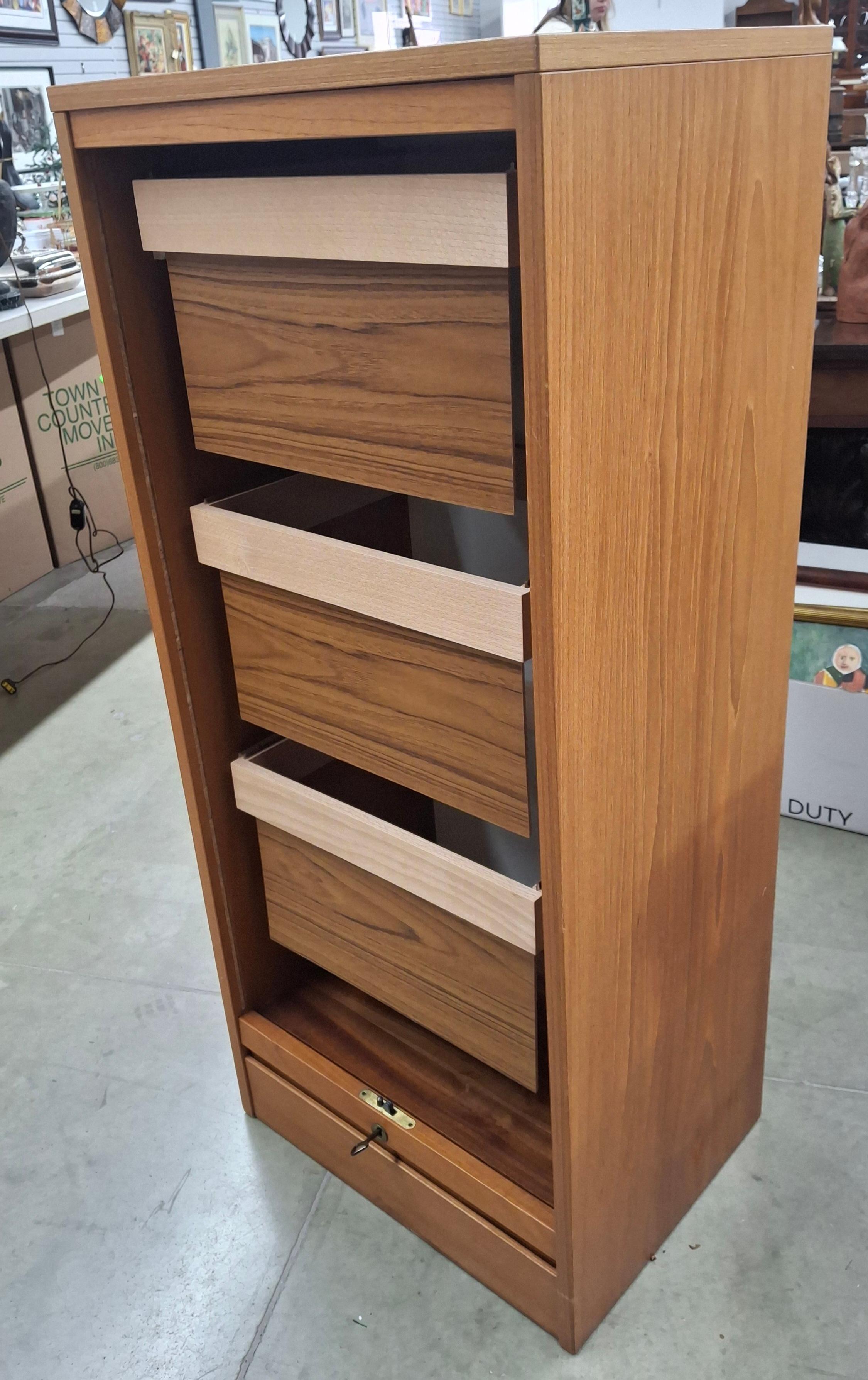 Danish Mid-Century Modern Teak Tambour Fall Front Open Drawers File Cabinet For Sale 3