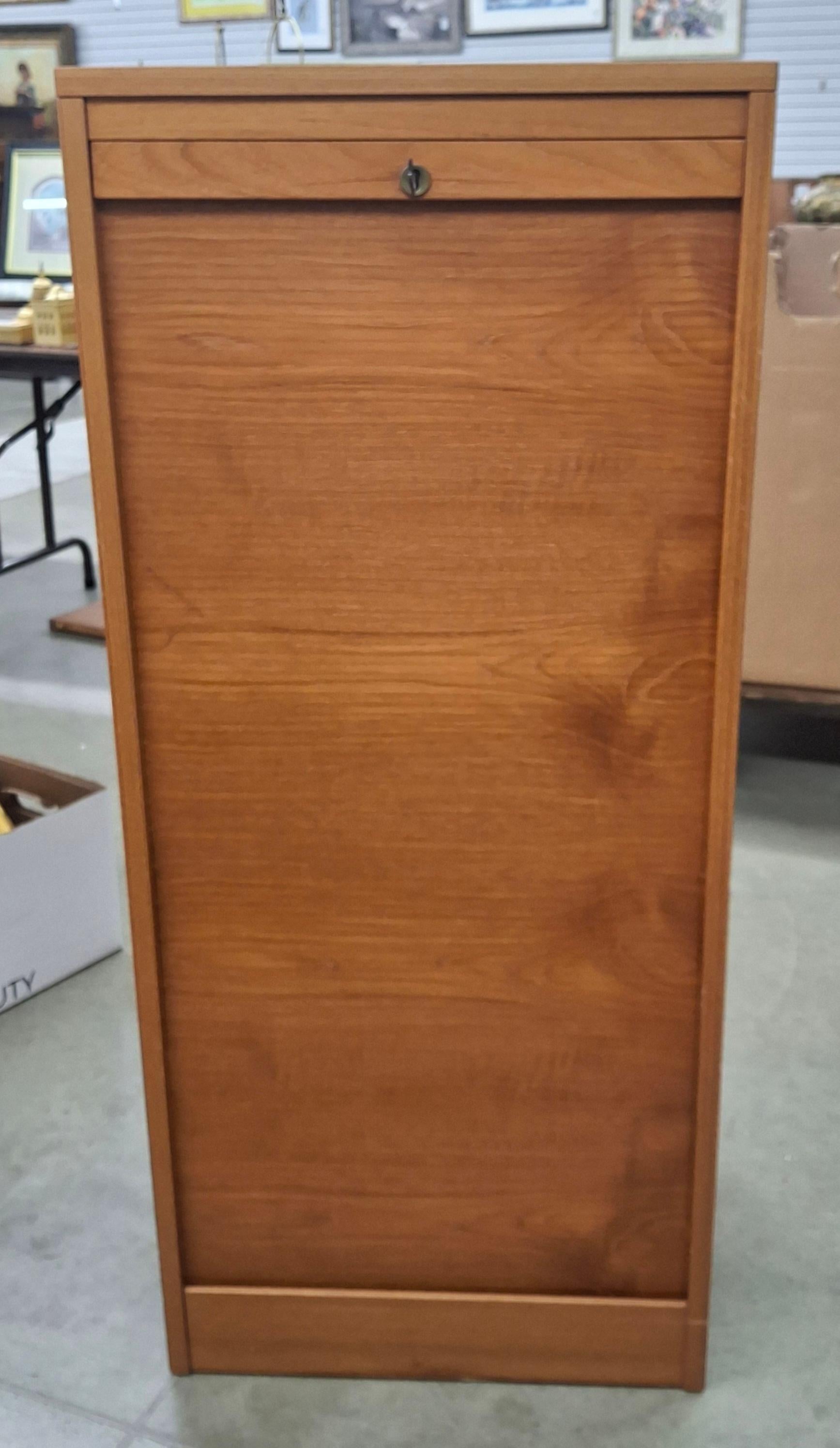 Scandinavian Modern Danish Mid-Century Modern Teak Tambour Fall Front Open Drawers File Cabinet For Sale