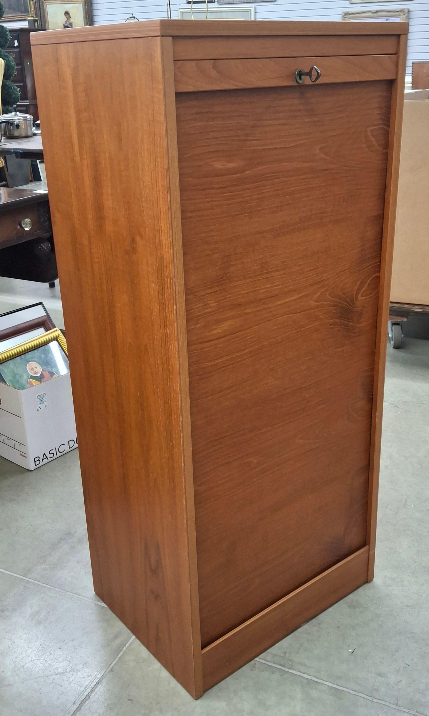 American Danish Mid-Century Modern Teak Tambour Fall Front Open Drawers File Cabinet For Sale