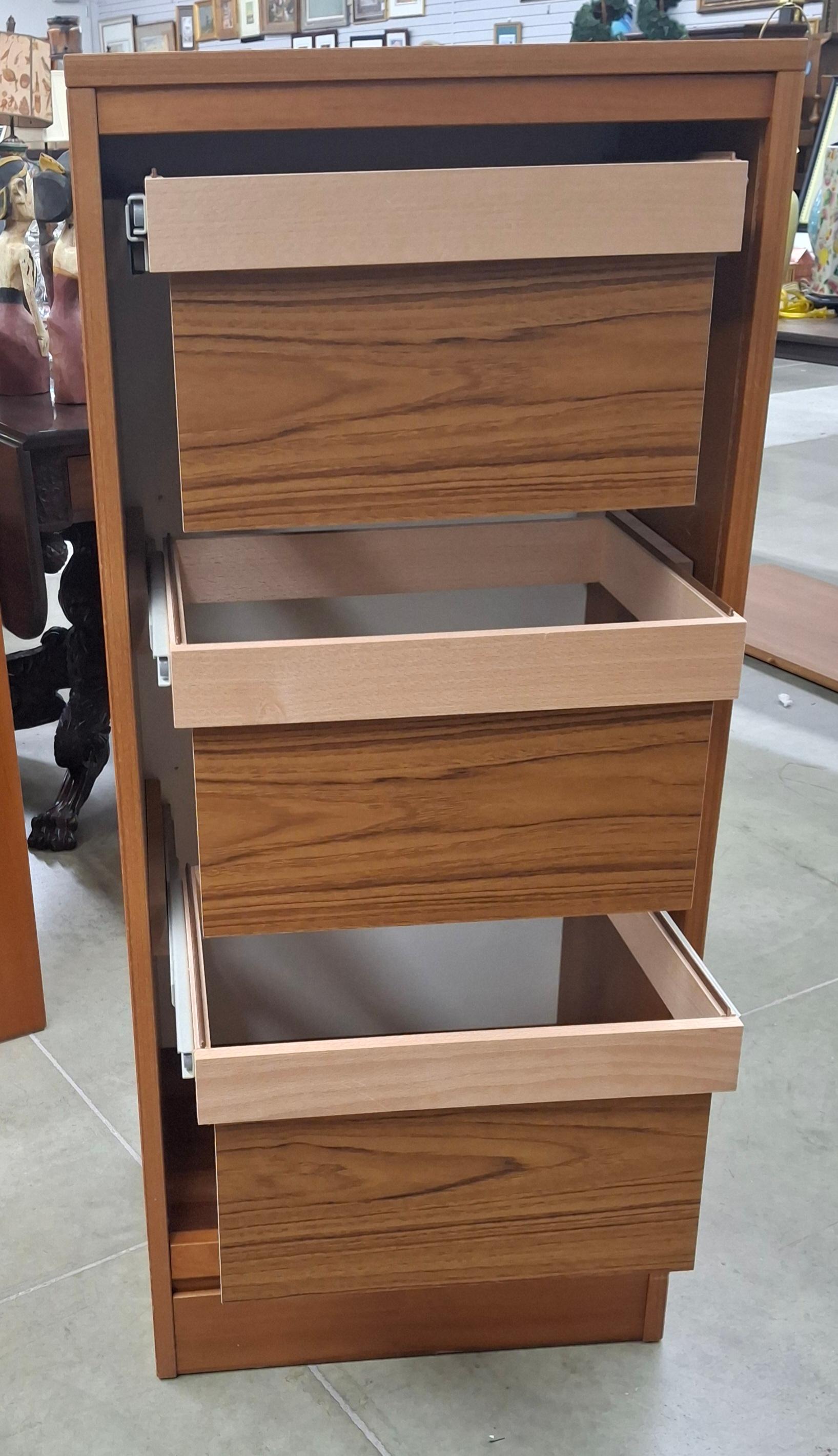 Danish Mid-Century Modern Teak Tambour Fall Front Open Drawers File Cabinet In Good Condition For Sale In Germantown, MD