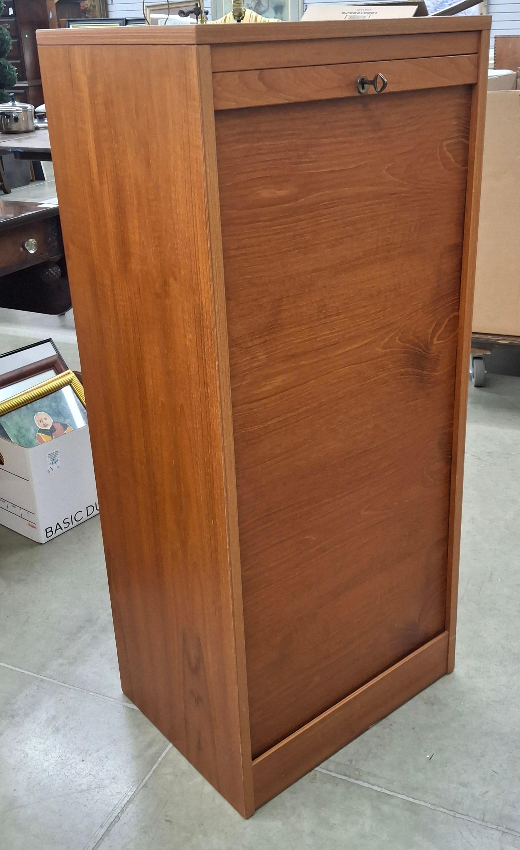 20th Century Danish Mid-Century Modern Teak Tambour Fall Front Open Drawers File Cabinet For Sale