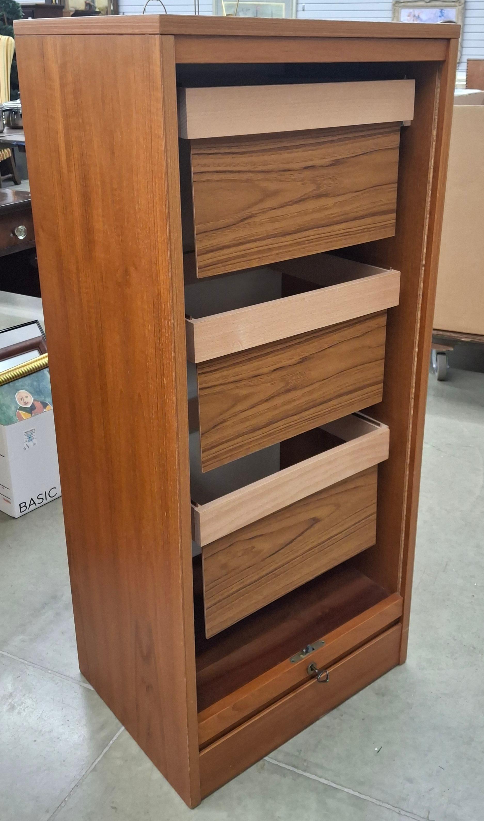 Danish Mid-Century Modern Teak Tambour Fall Front Open Drawers File Cabinet For Sale 1