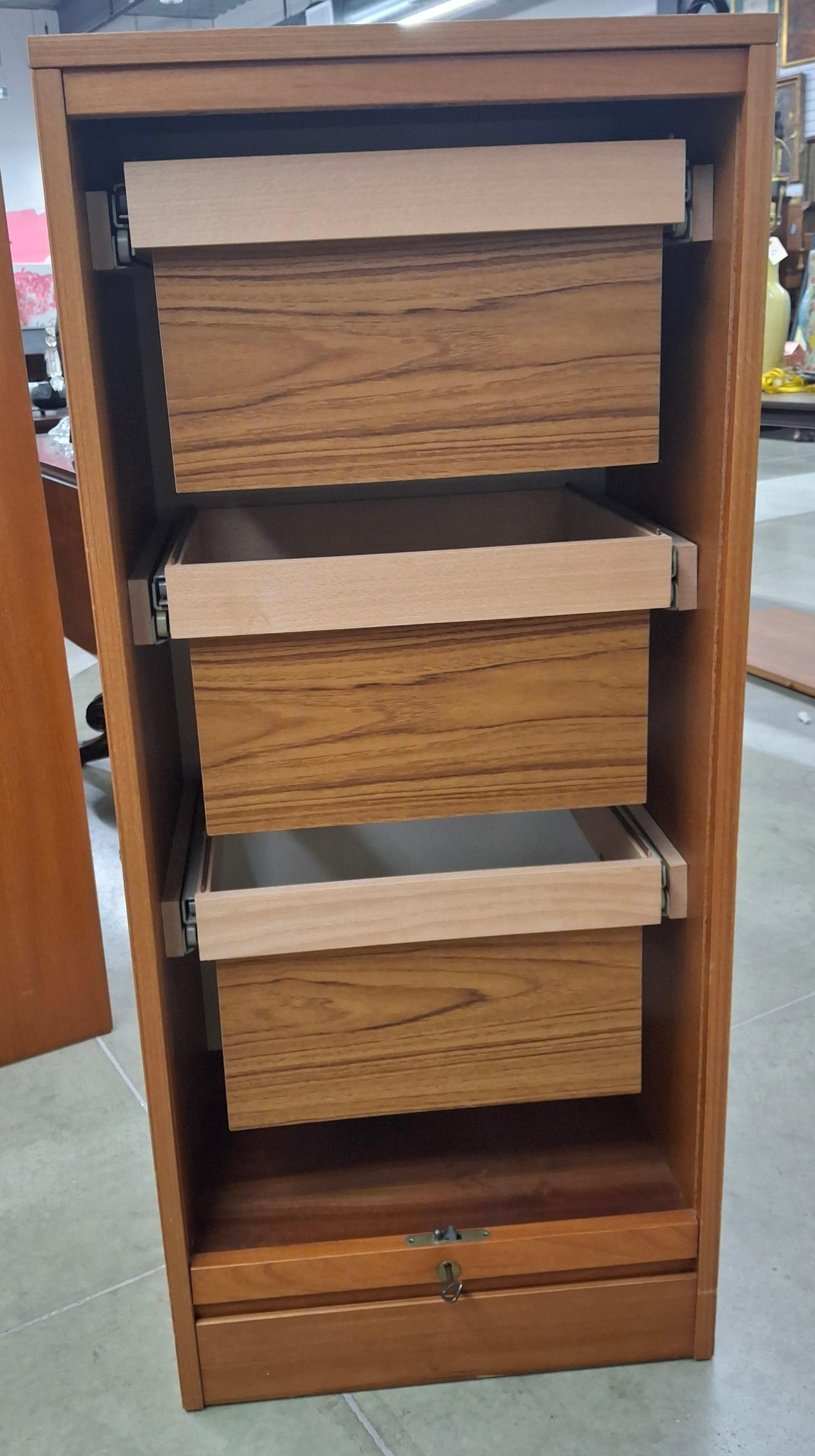 Danish Mid-Century Modern Teak Tambour Fall Front Open Drawers File Cabinet For Sale 2