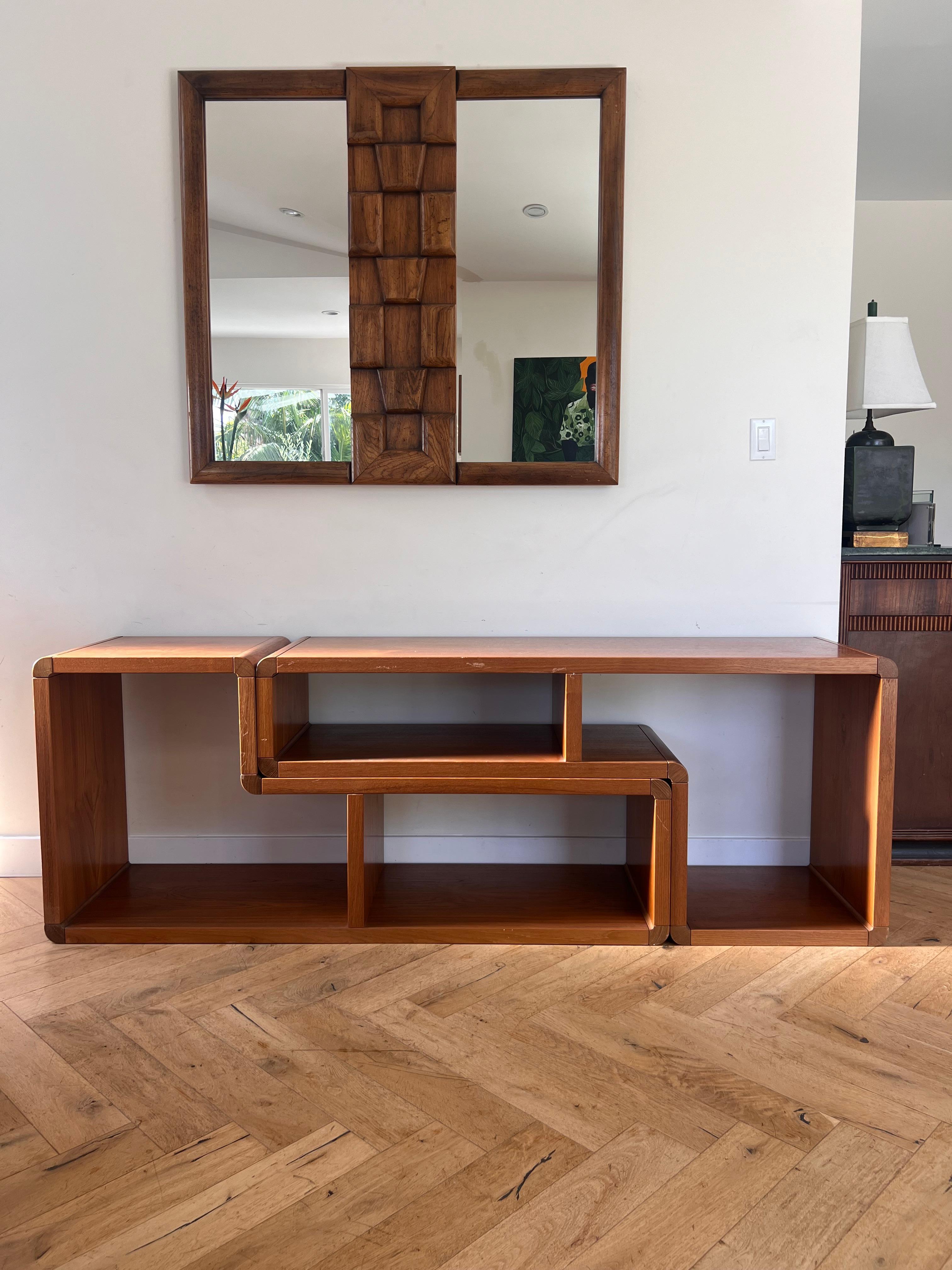 Danish mid century modern teak two-piece modular shelving unit, circa 1965 14