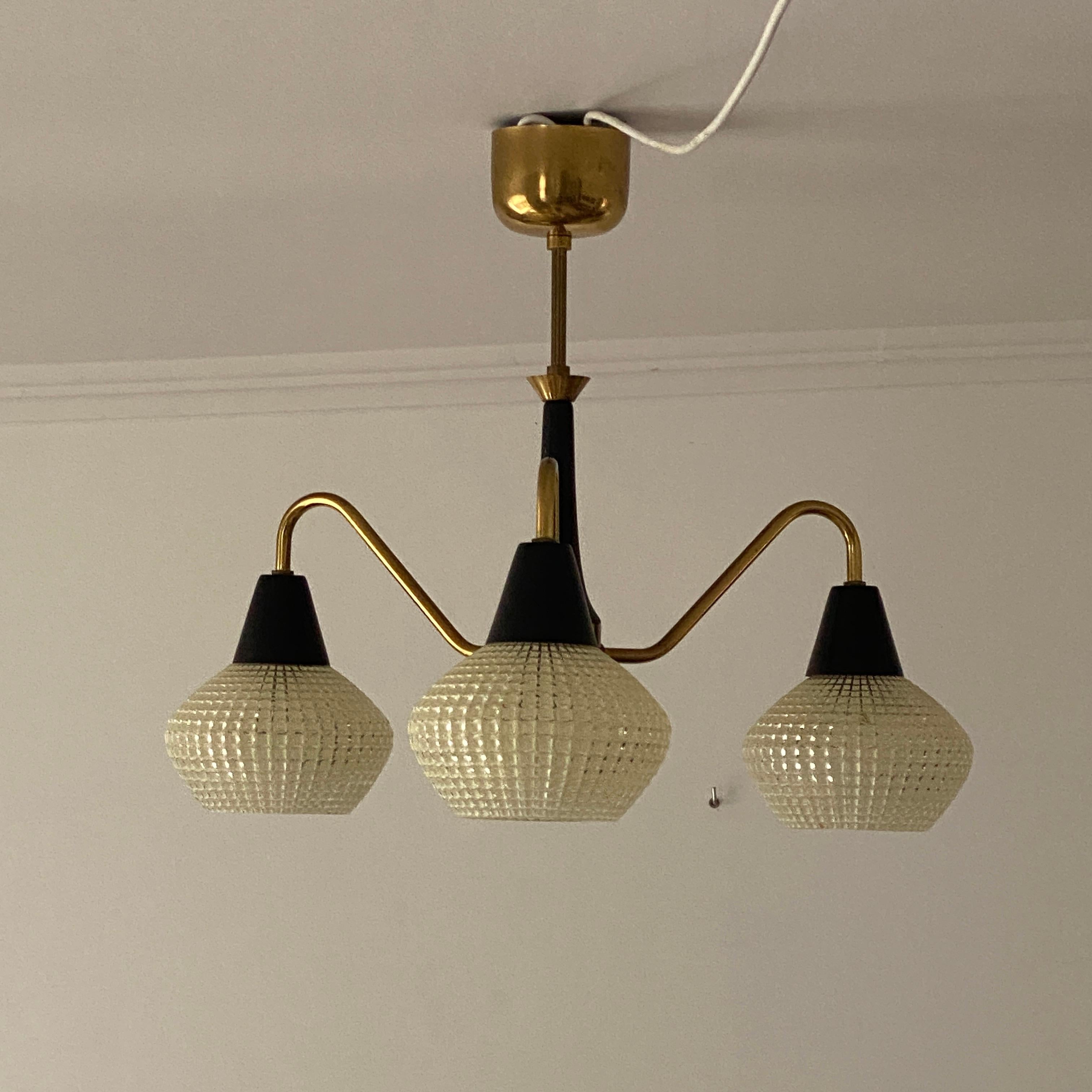 Painted Danish Mid-Century Modern Three-Arm Chandelier with Glass Shades For Sale