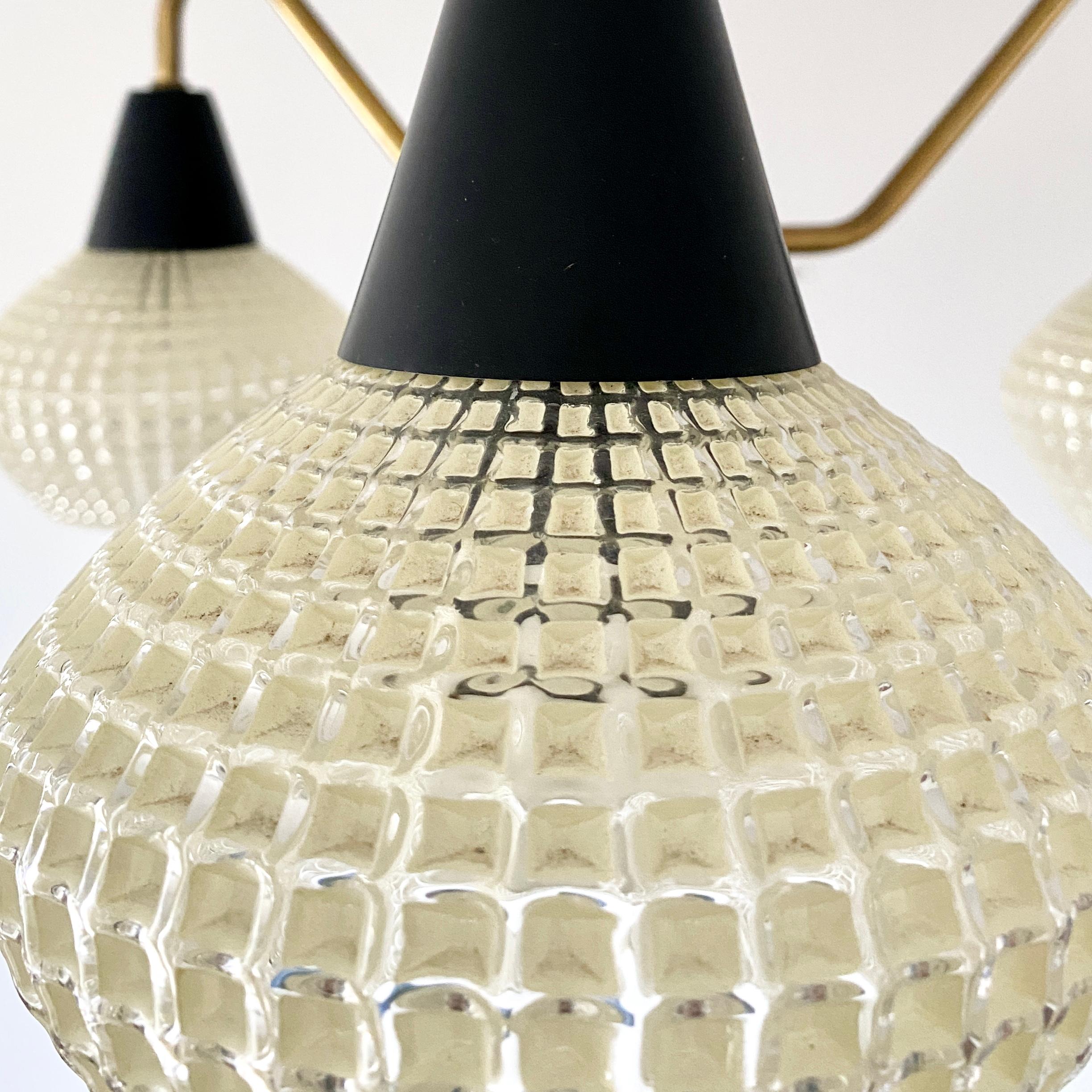 20th Century Danish Mid-Century Modern Three-Arm Chandelier with Glass Shades For Sale