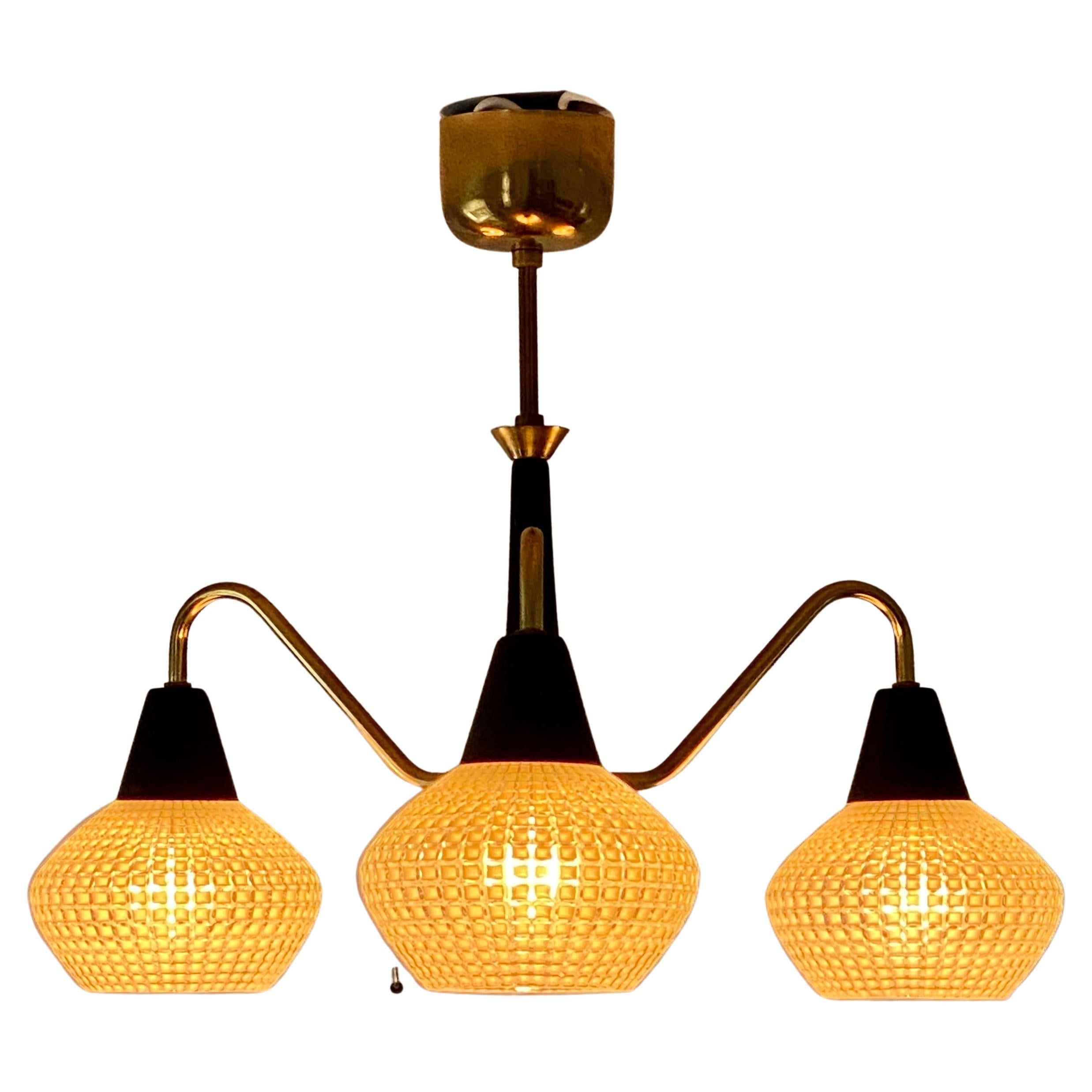 Danish Mid-Century Modern Three-Arm Chandelier with Glass Shades